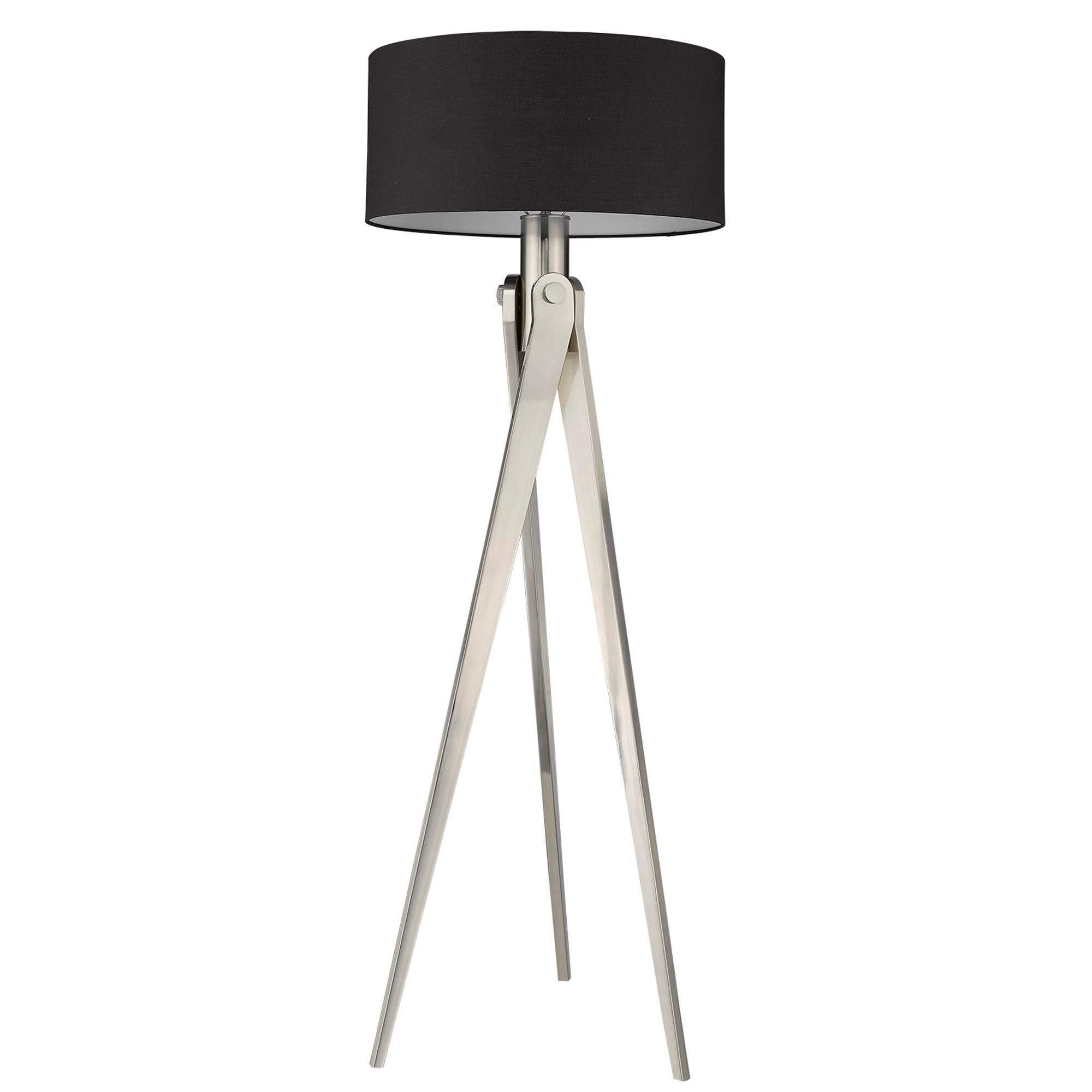 Shown in Satin Nickel finish and Black glass and Black Hardback Fabric Drum  W/ White Interior shade