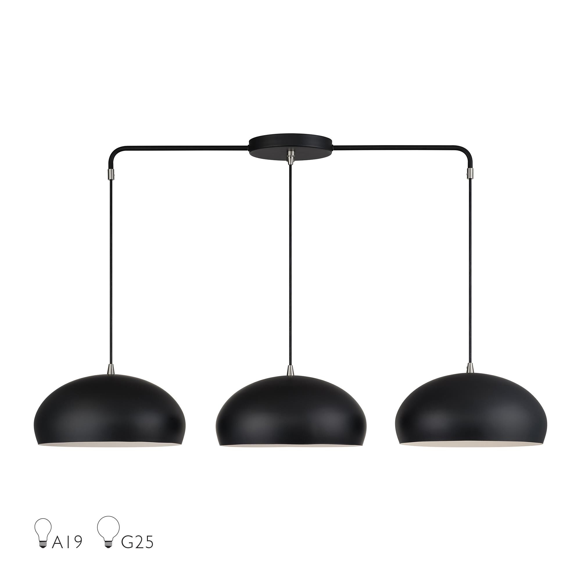 Shown in Black with Brushed Nickel Accents finish and Black Steel with Shiny White Inside shade