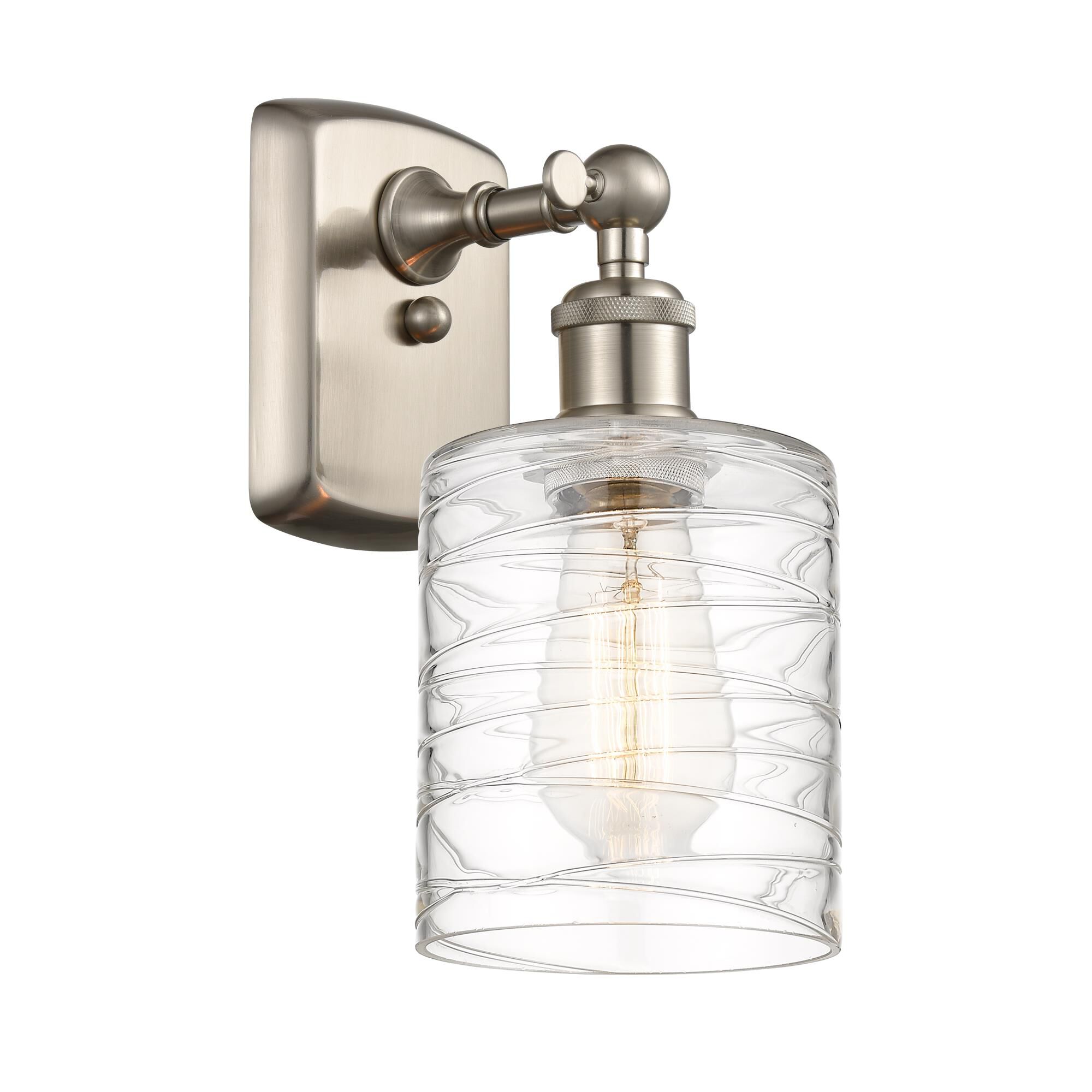 Shown in Brushed Satin Nickel finish and Deco Swirl Cobbleskill glass