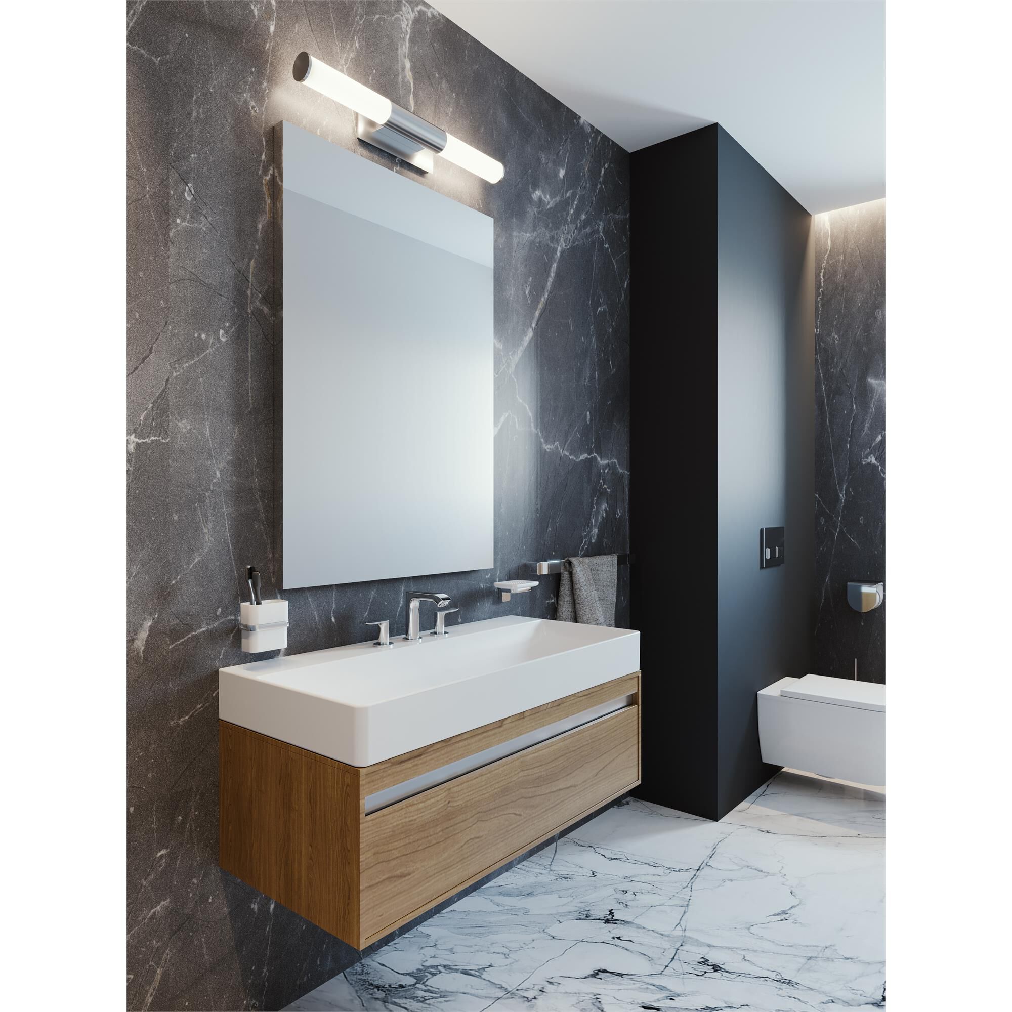 Shown in Satin Nickel finish and White Acrylic shade