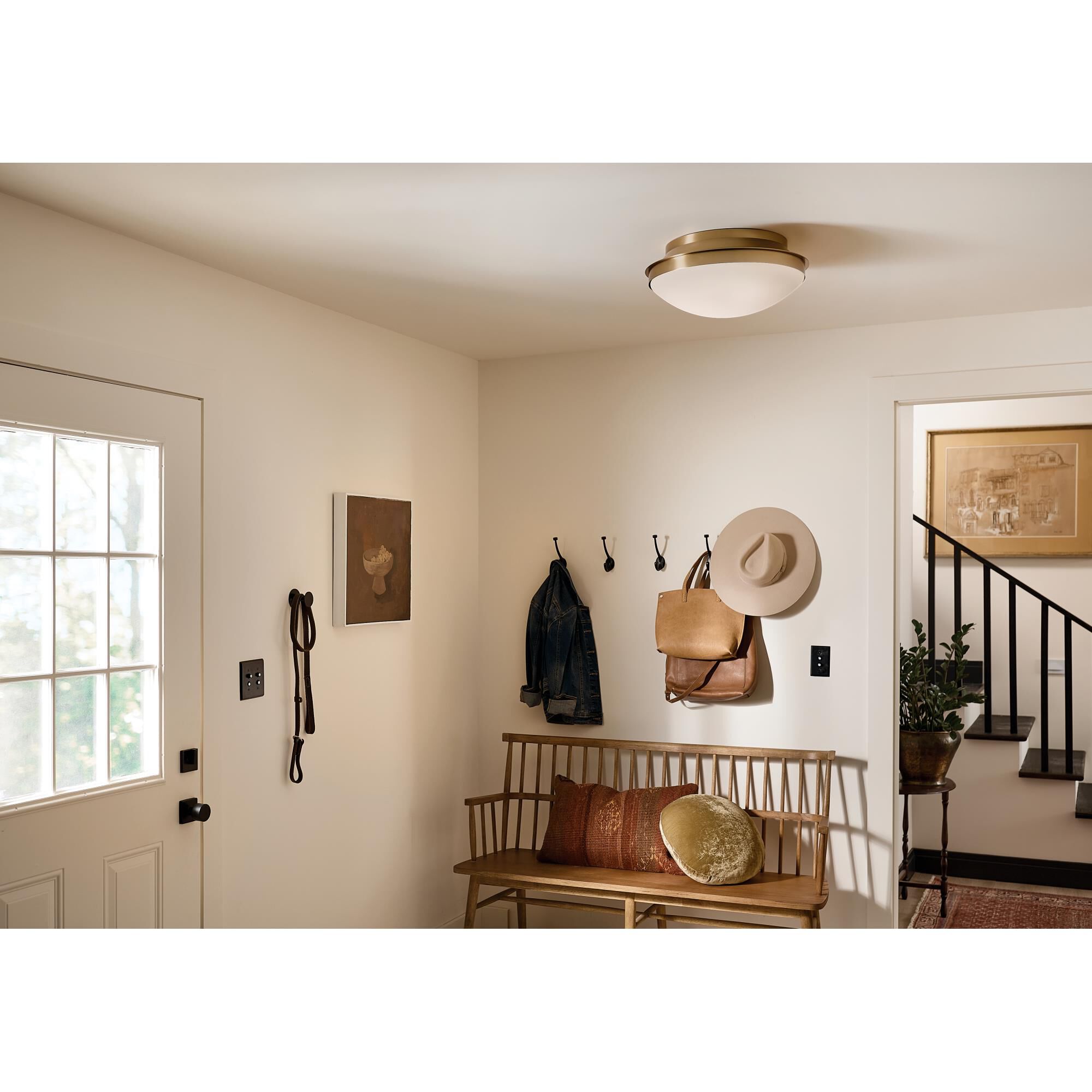 Shown in Brushed Natural Brass finish and Satin Etched Cased Opal glass