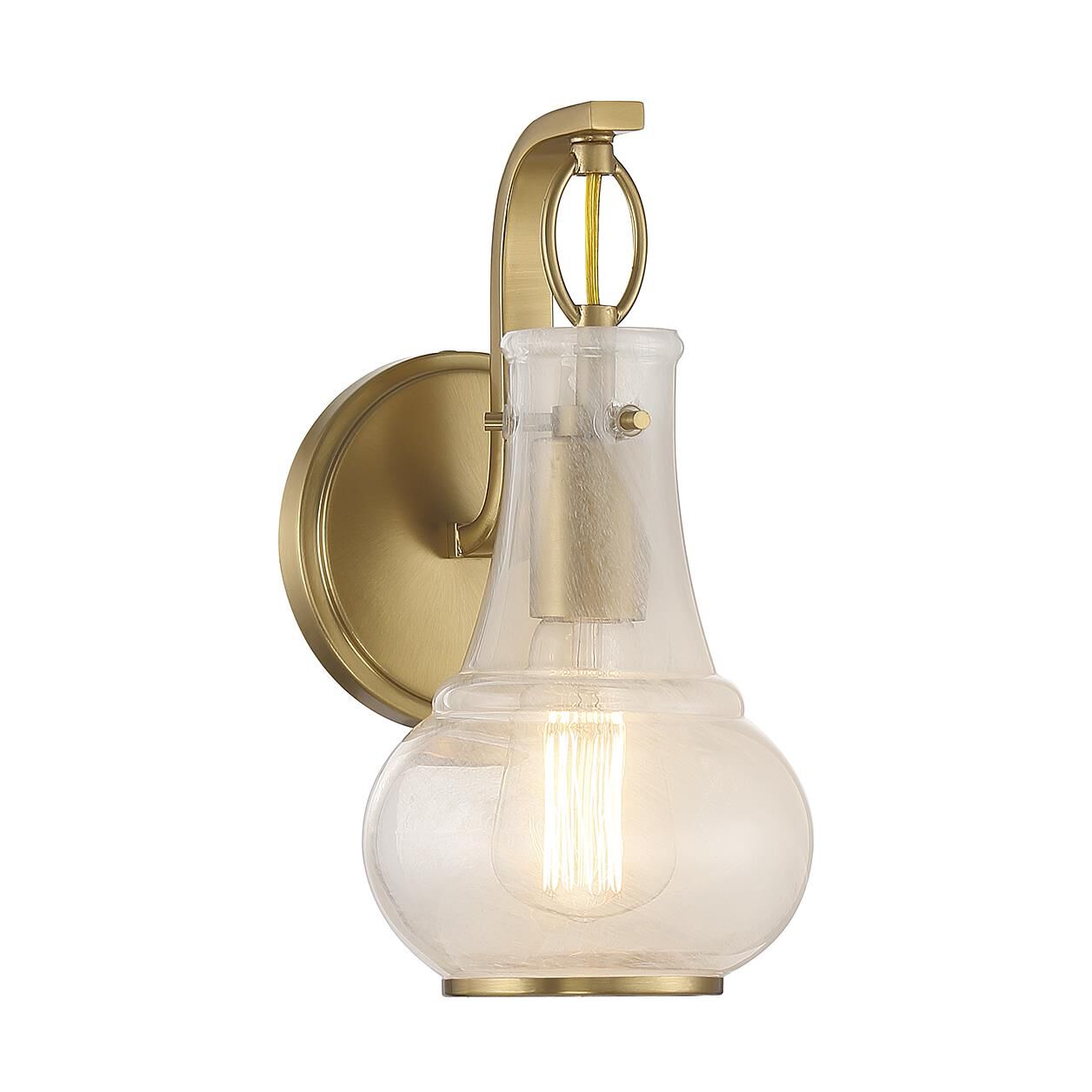 Shown in Warm Brass finish and White Strie glass and Glass shade