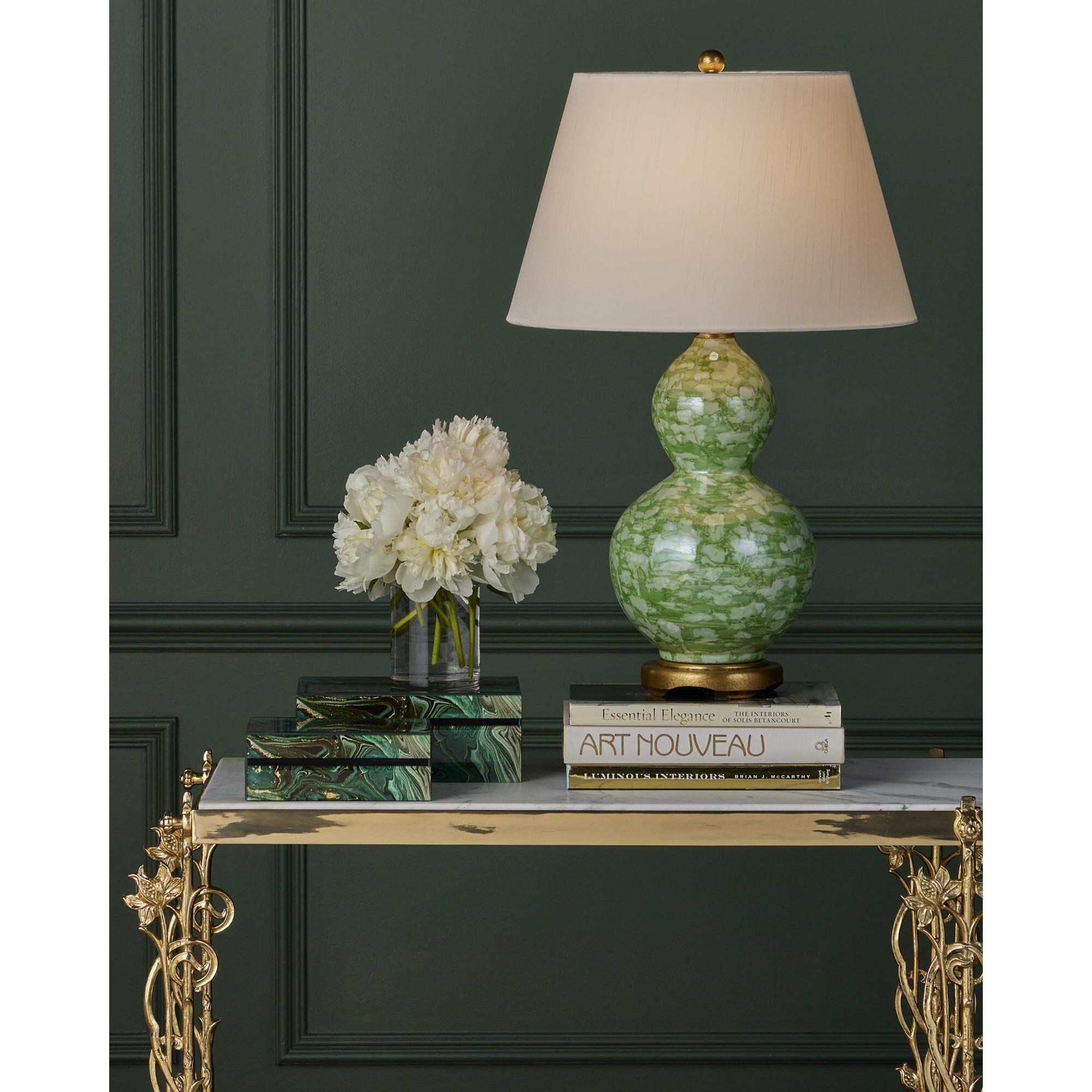 Shown in Green, Textured Antique Gold Leaf finish and Off-White Linen shade