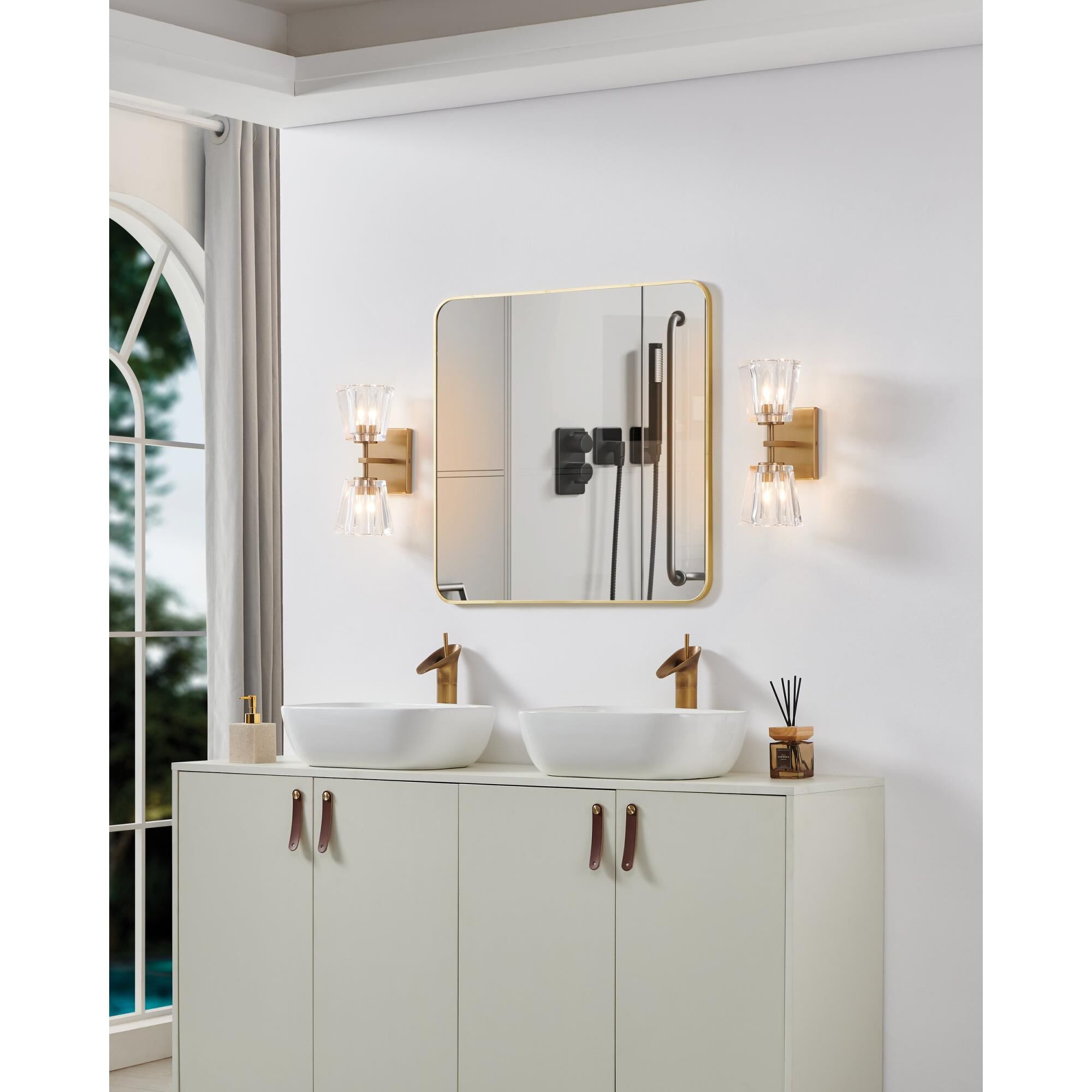 Shown in Champagne Gold finish and Clear Pressed glass