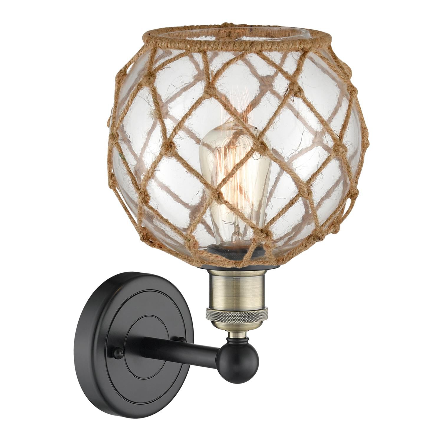 Shown in Black Antique Brass finish and Clear with Brown Rope glass