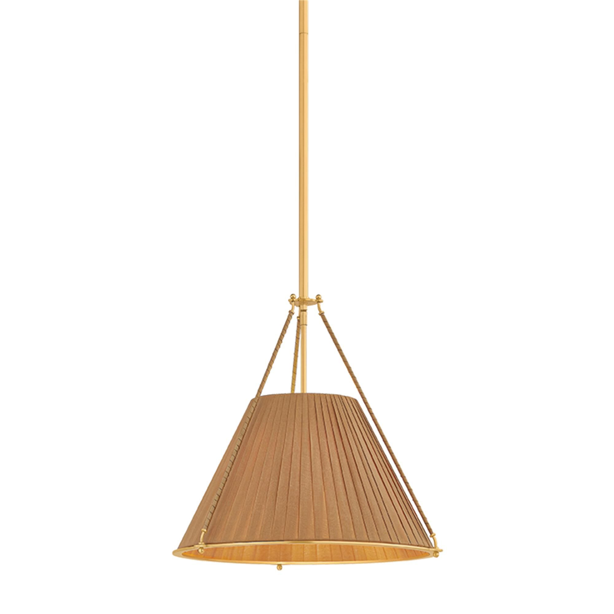 Shown in Aged Brass finish and Garnet Linen shade