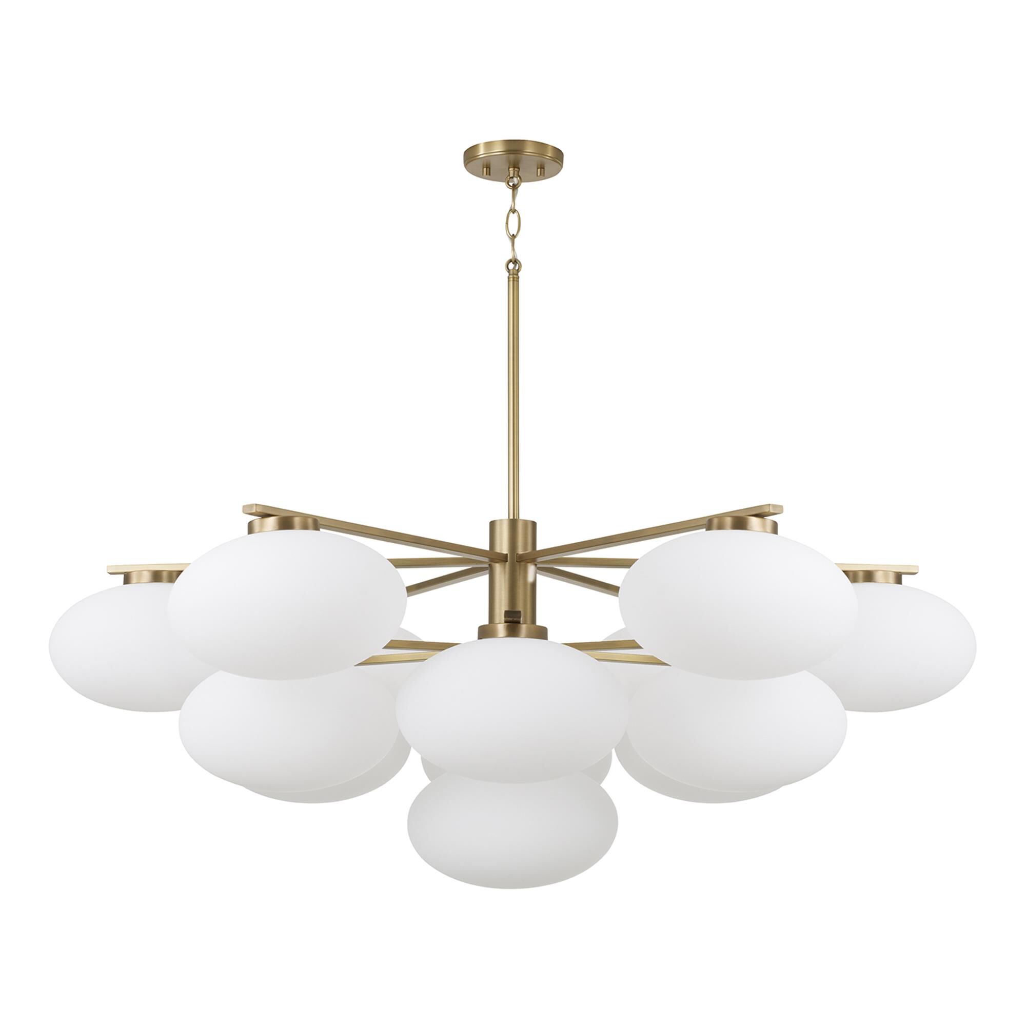 Shown in Aged Brass finish and Soft White glass