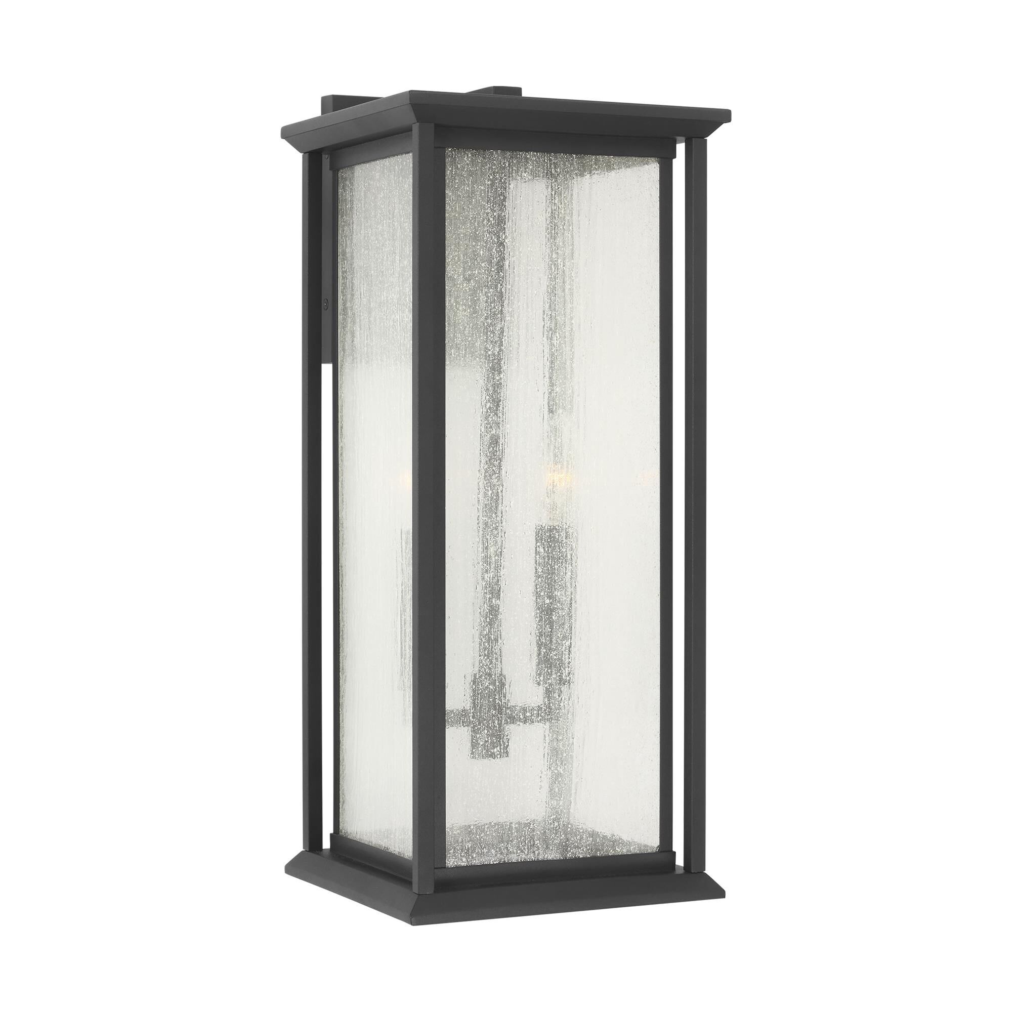 Shown in Textured Black finish and Distressed Seeded Glass Panels shade