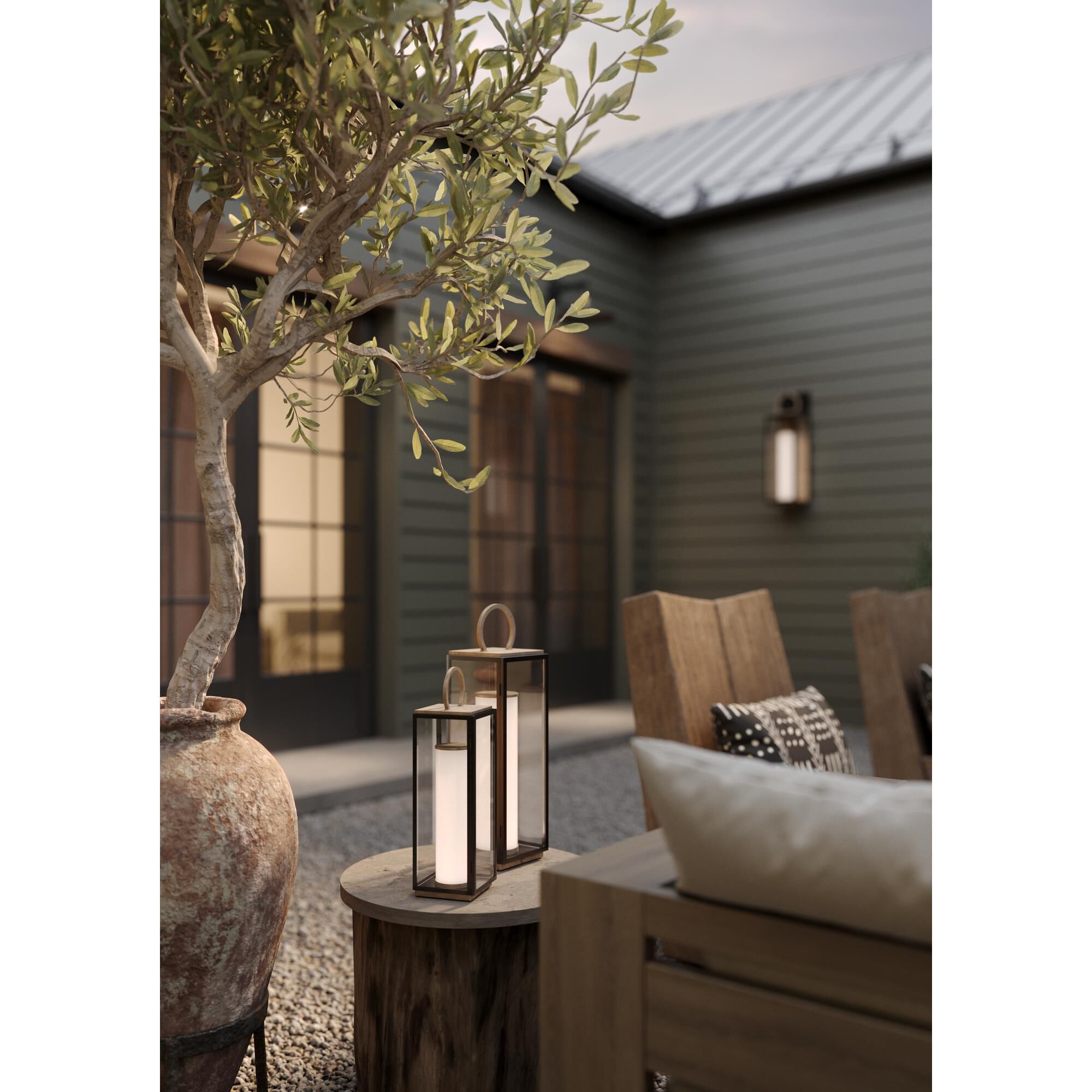 Shown in Patina Brass and Textured Black finish and Clear glass