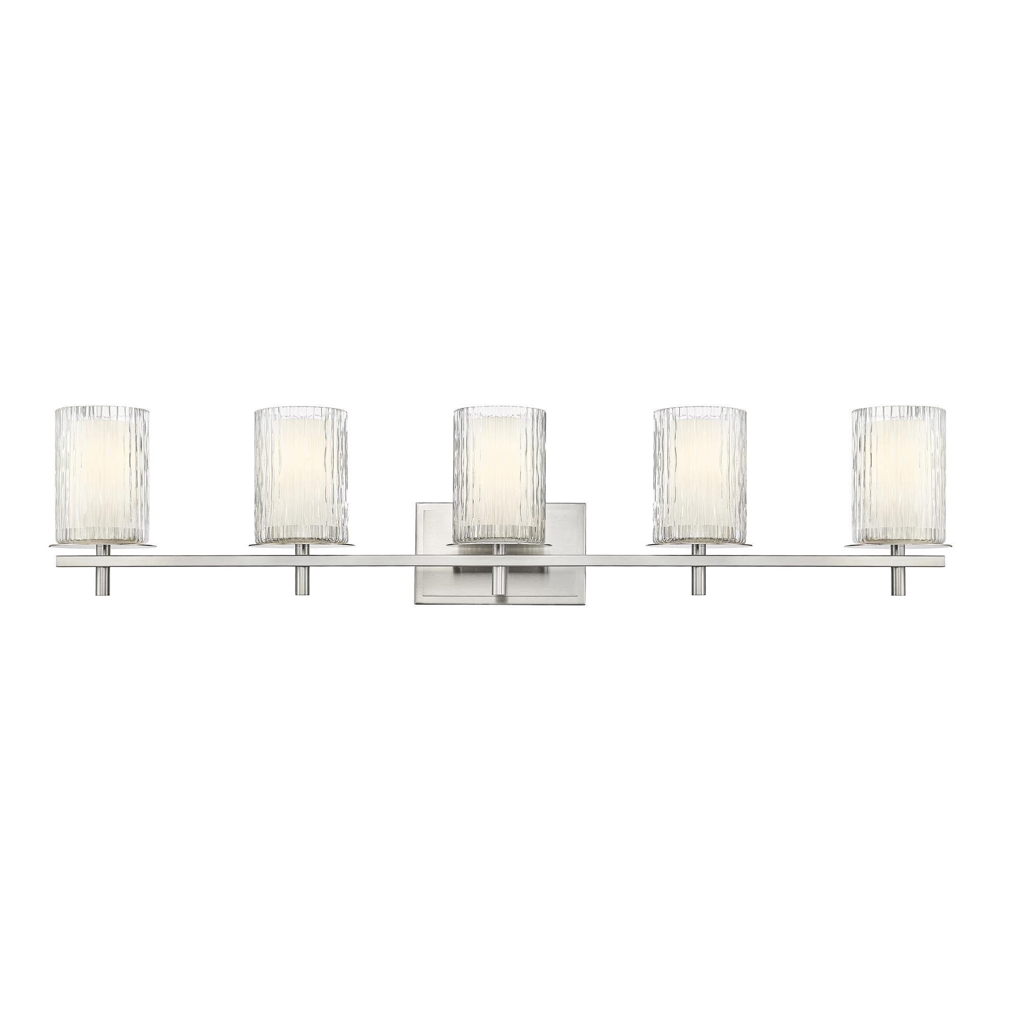 Shown in Brushed Nickel finish and Clear + Etched Opal glass and Clear + Etched Opal shade