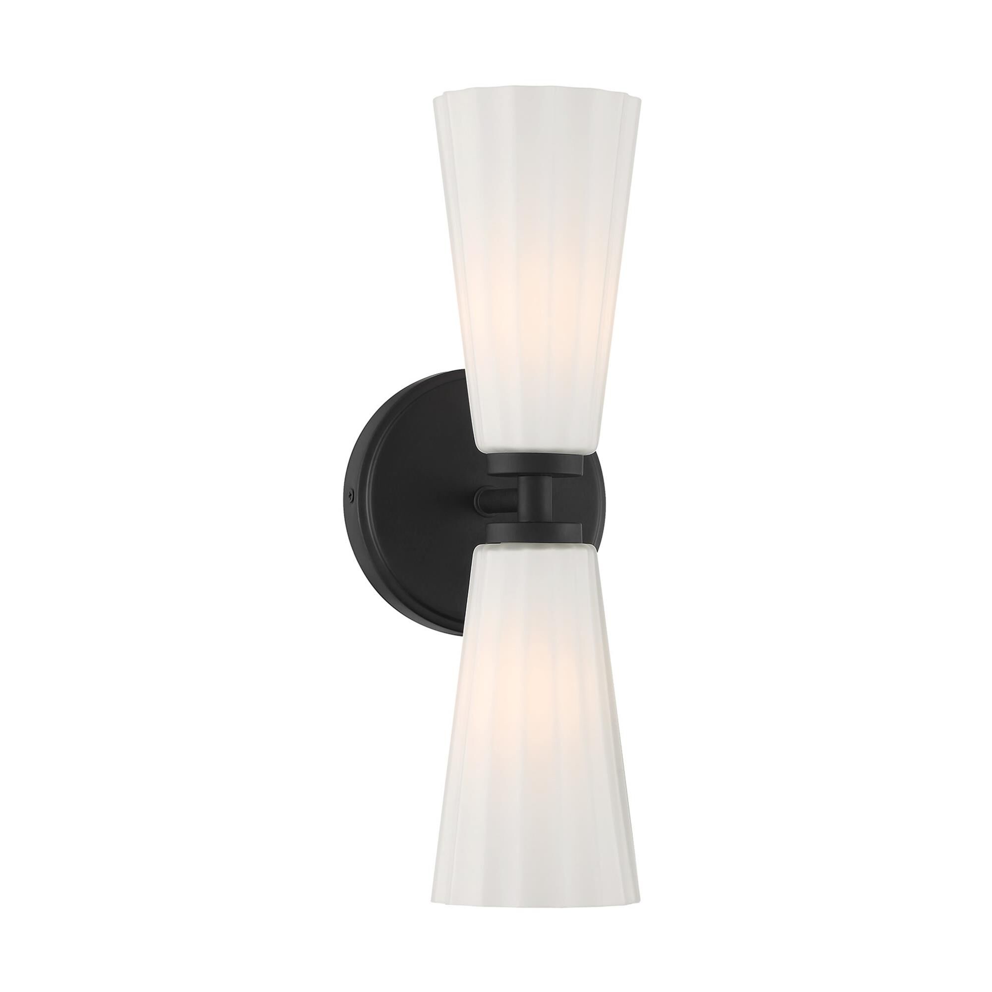 Shown in Matte Black finish and White Fluted glass