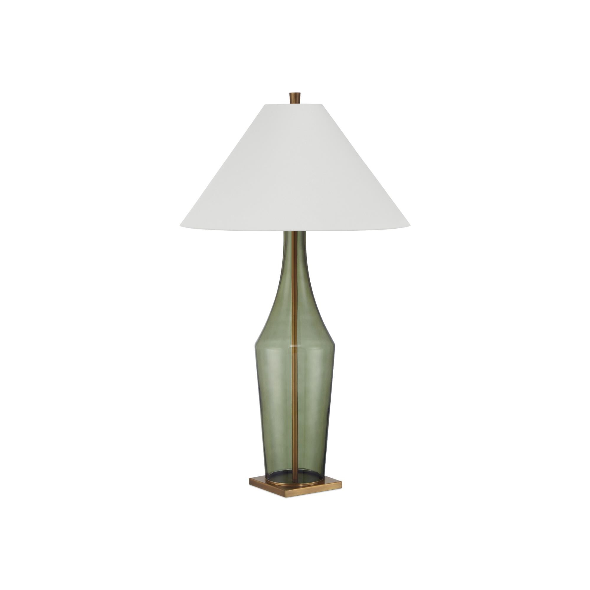Shown in Green and Antique Brass finish and Beige Polyester/Hardback/Rolled Edge shade