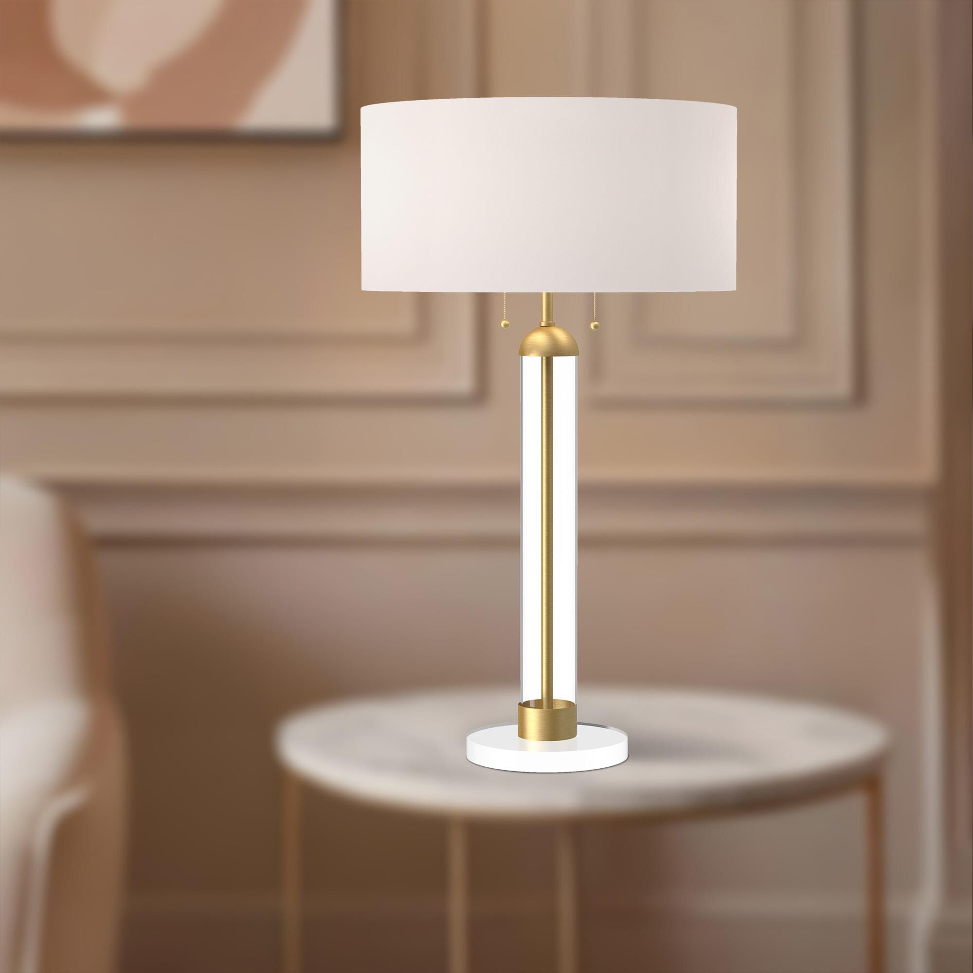 Shown in Brushed Gold finish and White Linen shade