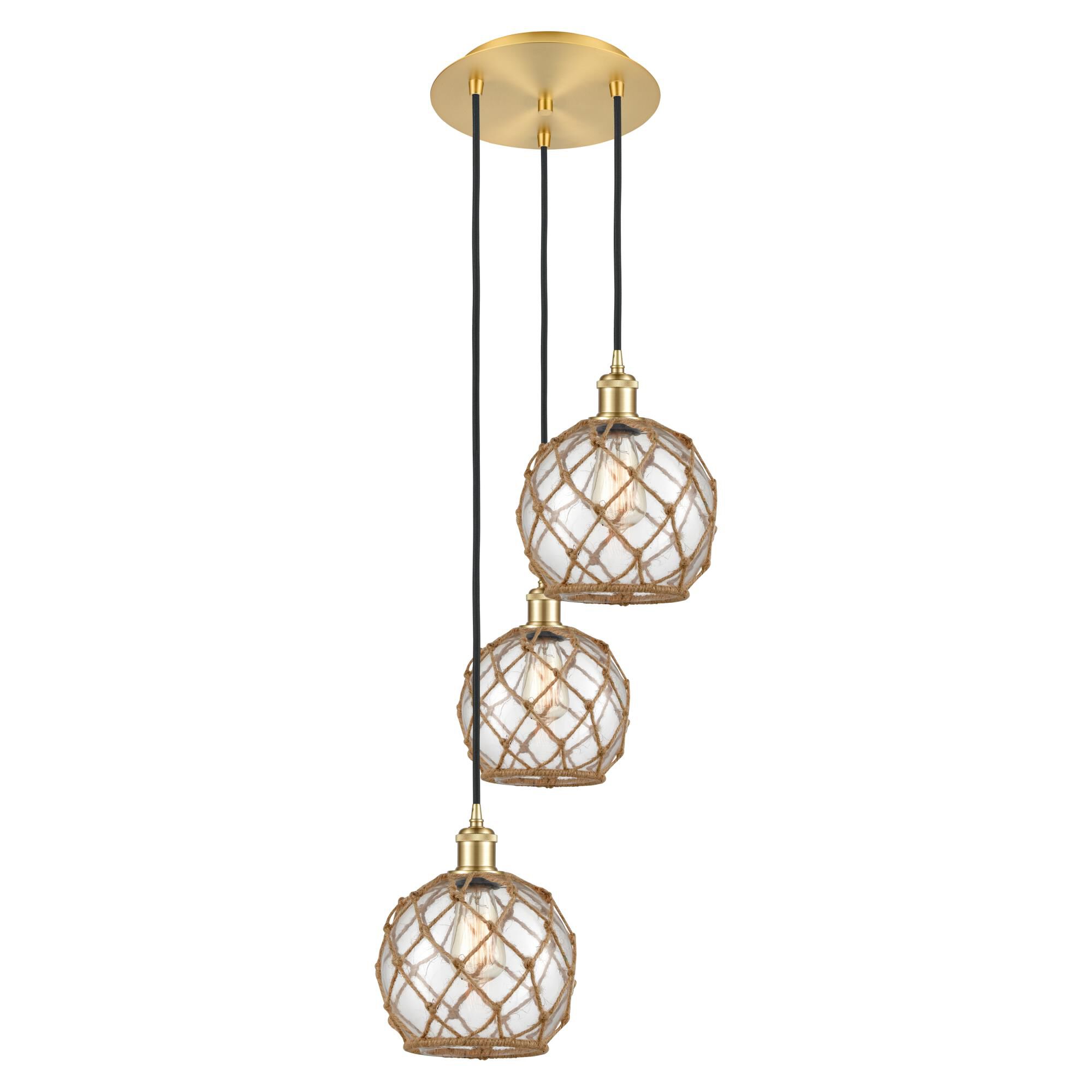 Shown in Satin Gold finish and Clear with Brown Rope glass
