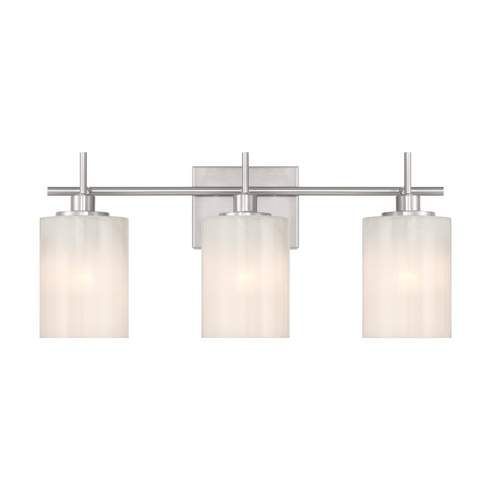 Shown in Brushed Nickel finish and White Strie glass and Glass shade
