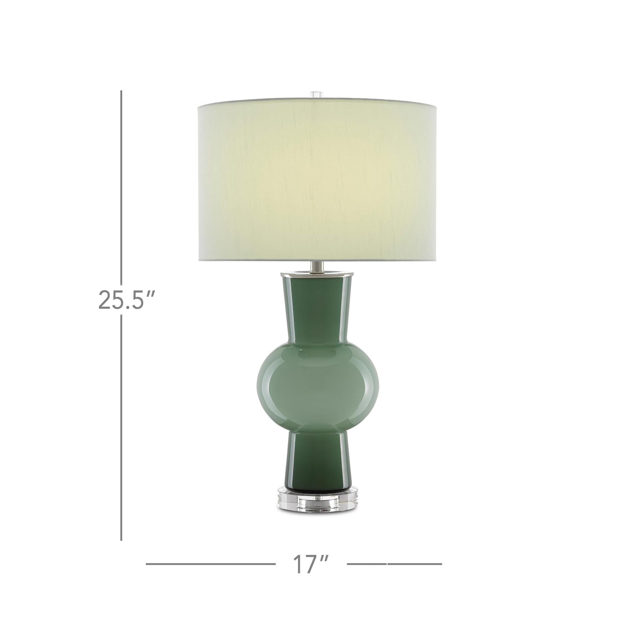 Shown in Light And Dark Green - Polished Nickel - Clear finish and Green Lily Shantung shade