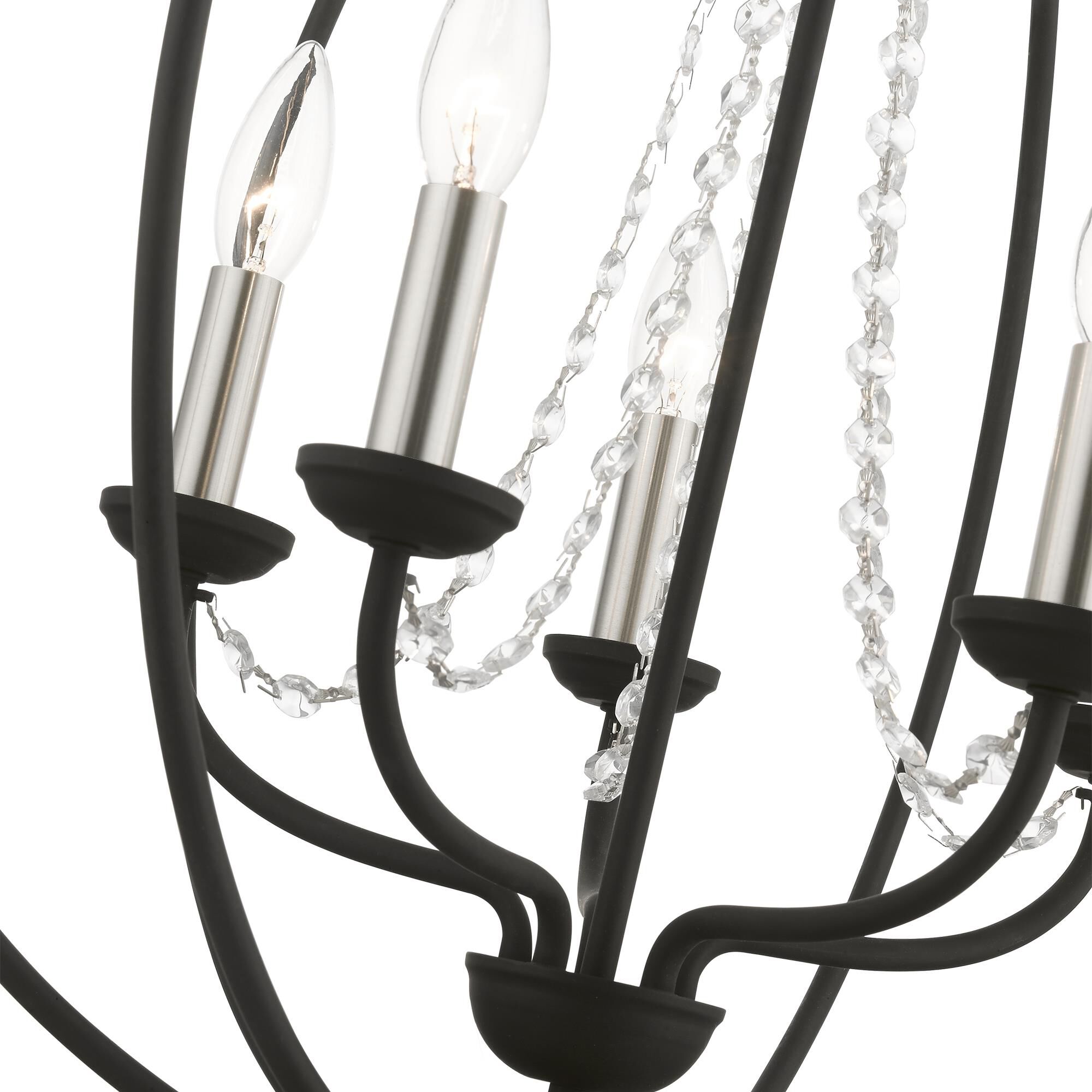 Shown in Black with Brushed Nickel Finish Candles finish and Clear Crystals shade