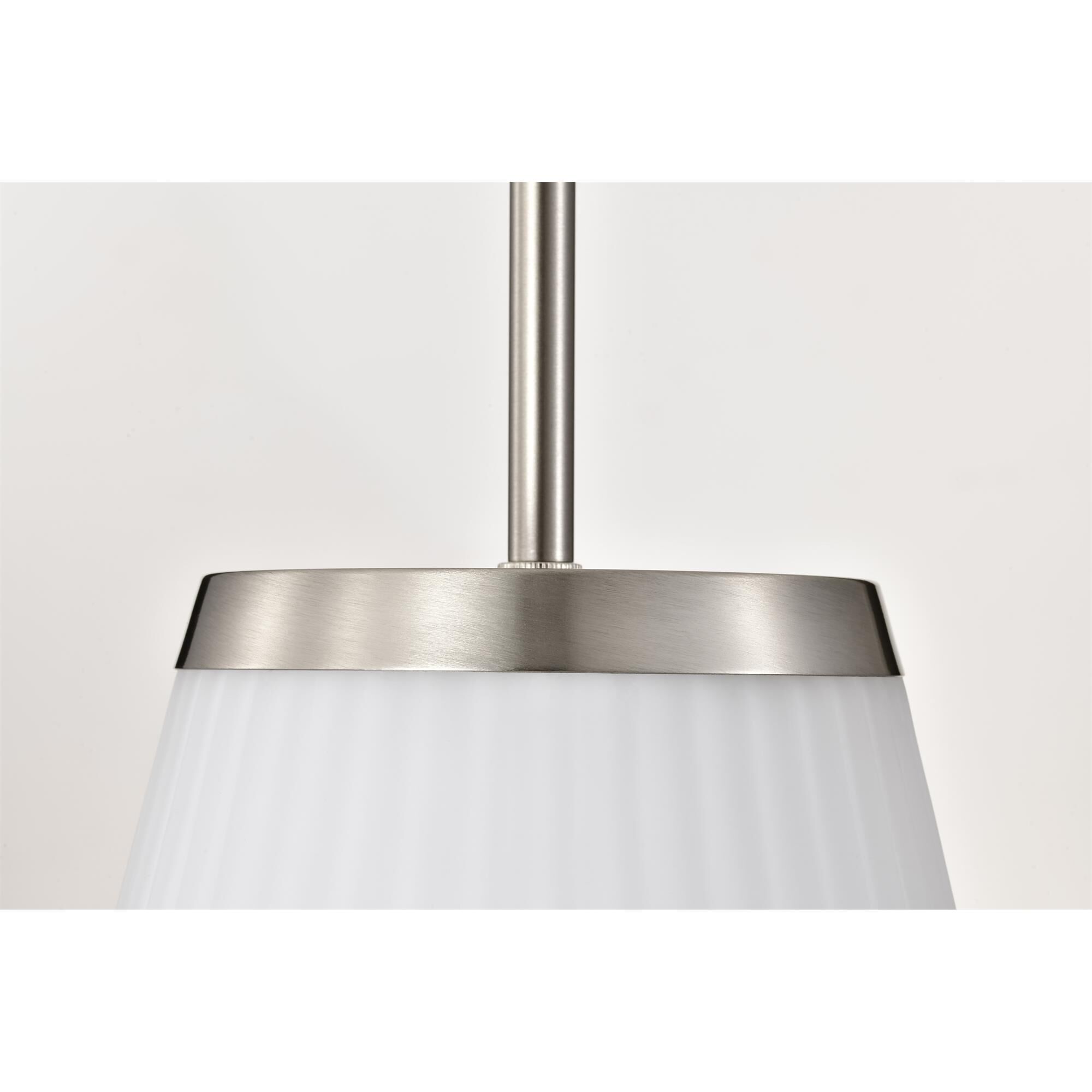 Shown in Brushed Nickel finish and Ribbed White glass