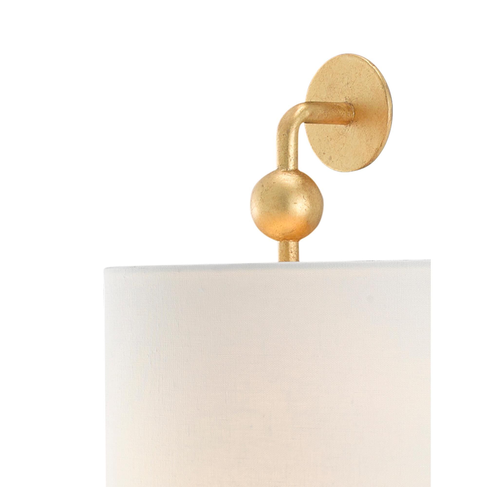 Shown in Contemporary Gold Leaf finish and Off White Linen shade