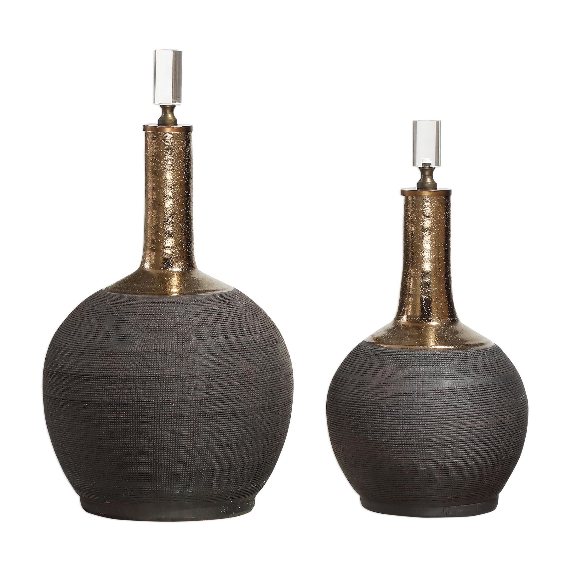 Shown in Ceramic Bottles, With Matte Black Hand-Scored Bodies, Golden Metallic Glazed Necks, And Shaped Cryst finish
