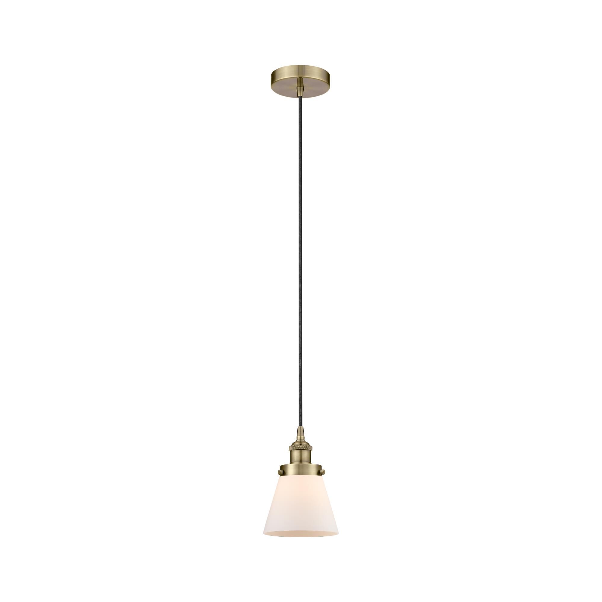 Shown in Antique Brass finish and Matte White Cased Small Cone glass