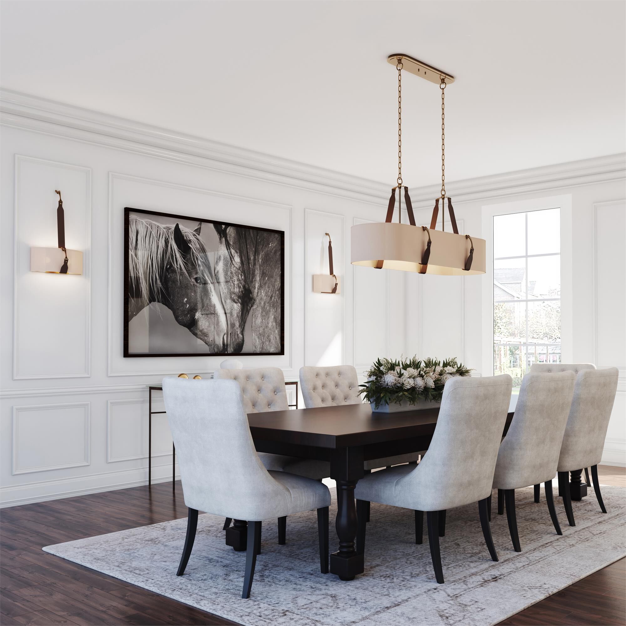 Shown in Antique Brass finish and Flax shade and Leather Chestnut accent