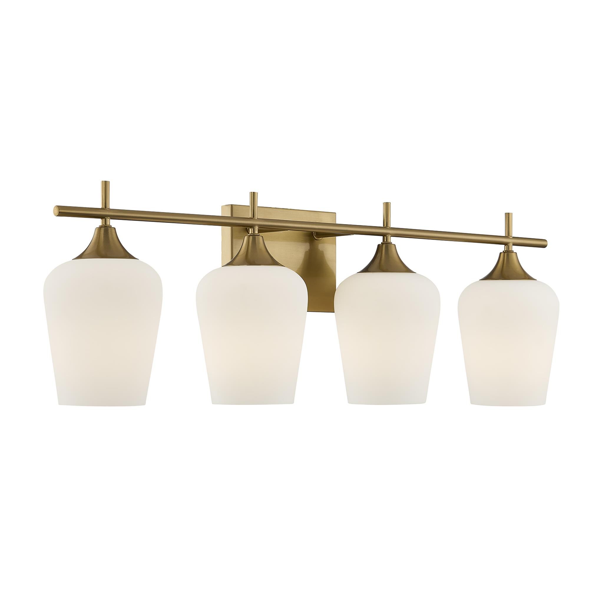 Shown in Warm Brass finish and White Opal glass