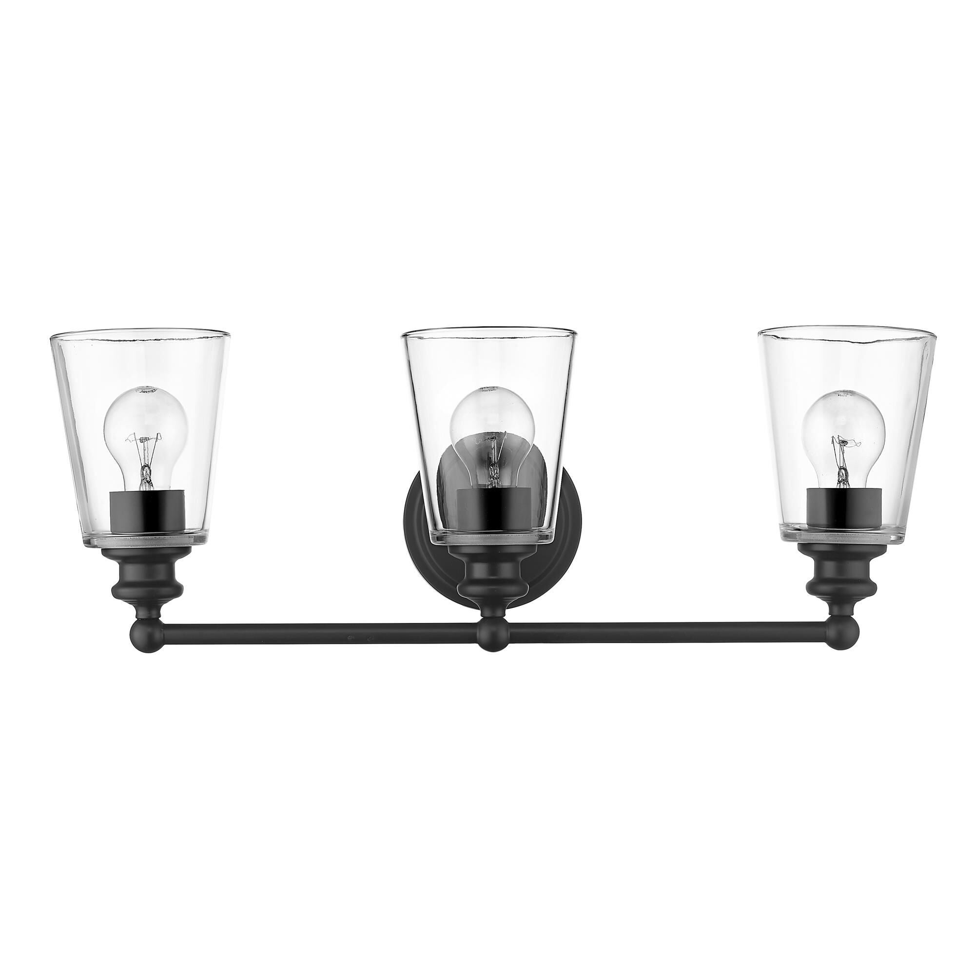 Shown in Matte Black finish and Clear glass and Clear, Cone Shaped Glass shade