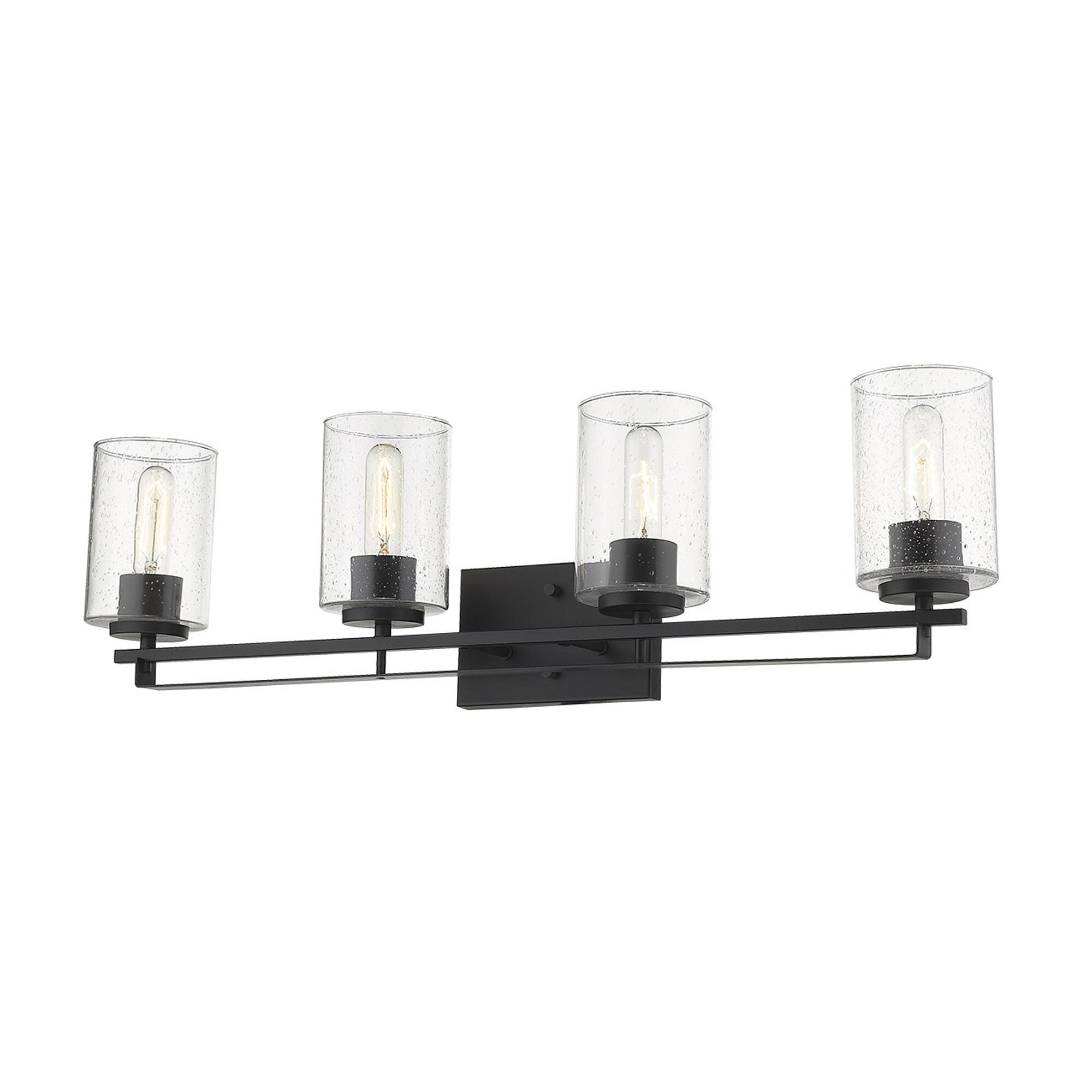 Shown in Matte Black finish and Clear glass and Clear, Seeded Cylindrical Glass s shade