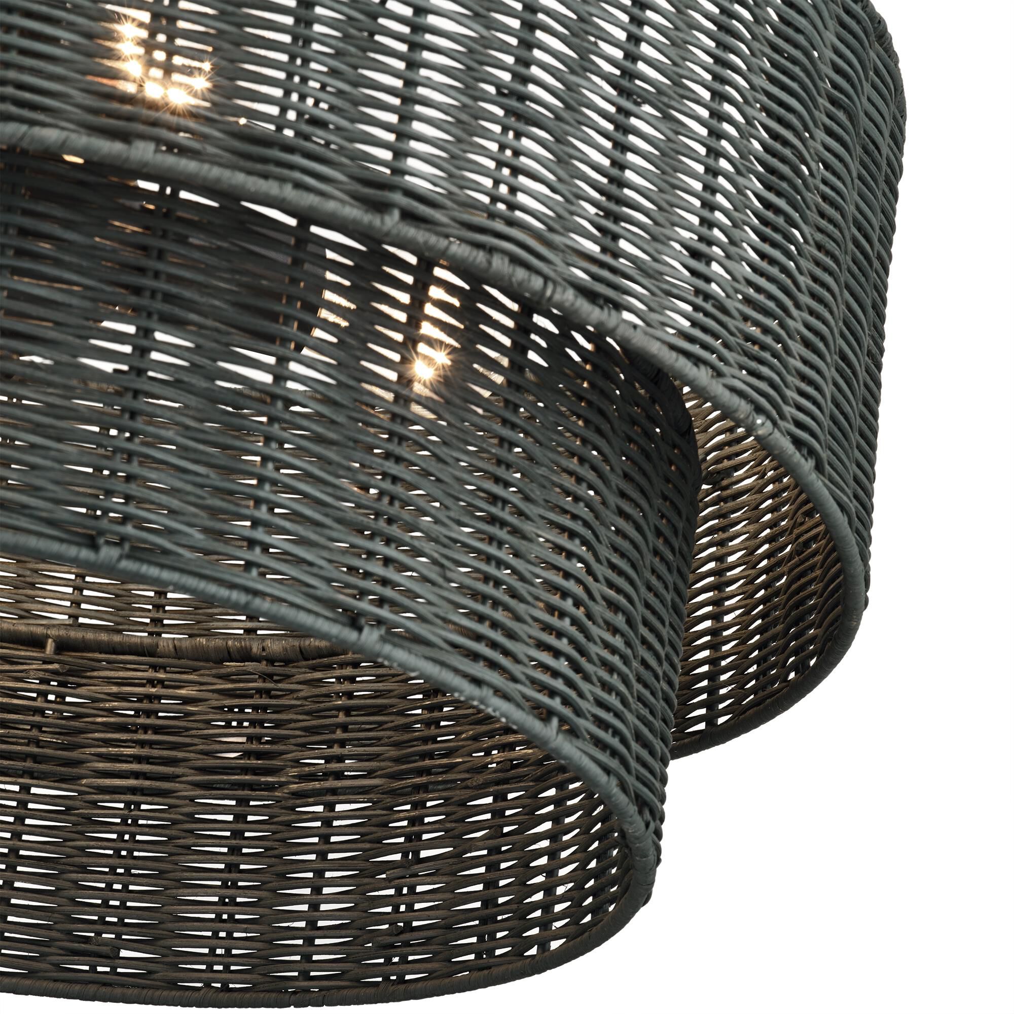 Shown in Black finish and Hand-Woven Charred Gray Color Rattan shade