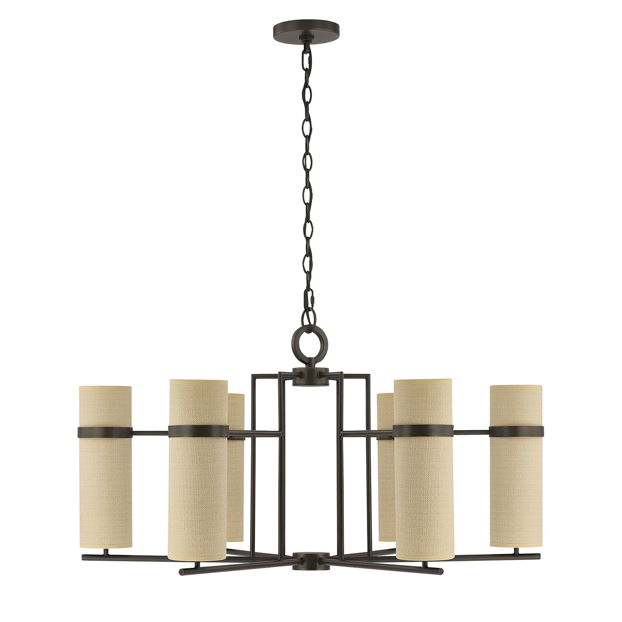 Shown in Mediterranean Bronze finish and Beige Fabric shade