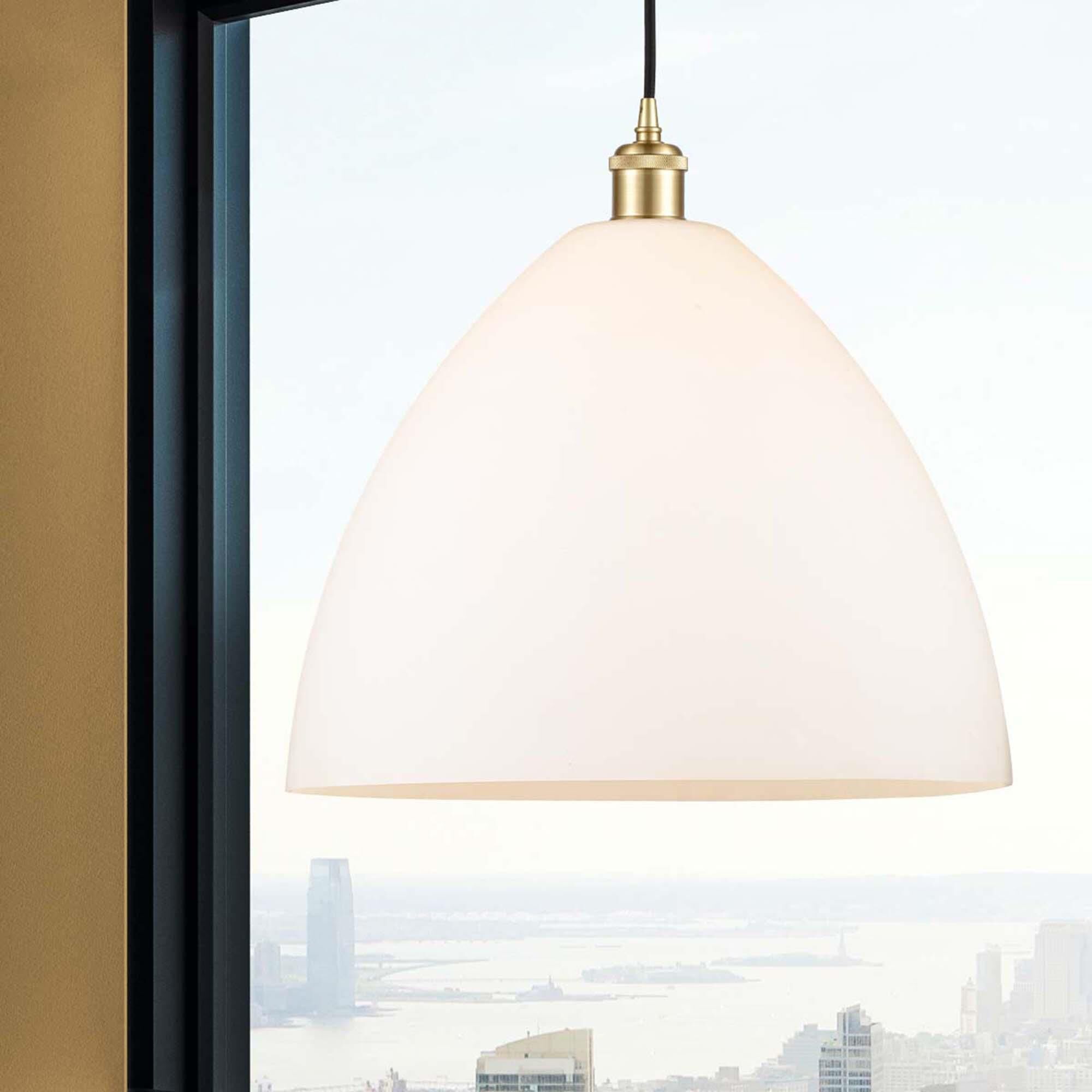 Shown in Satin Gold finish and Matte White glass