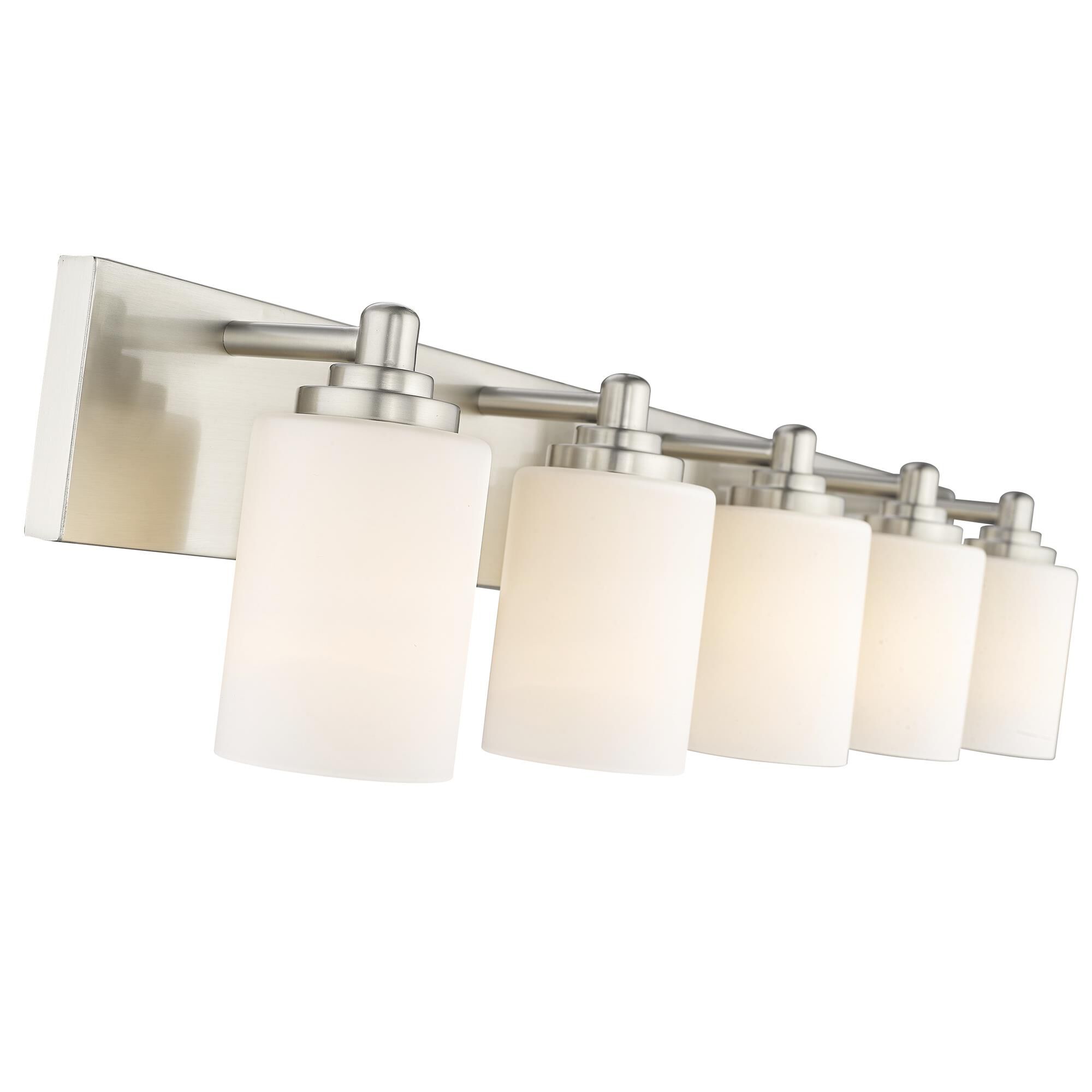 Shown in Brushed Nickel finish and White glass