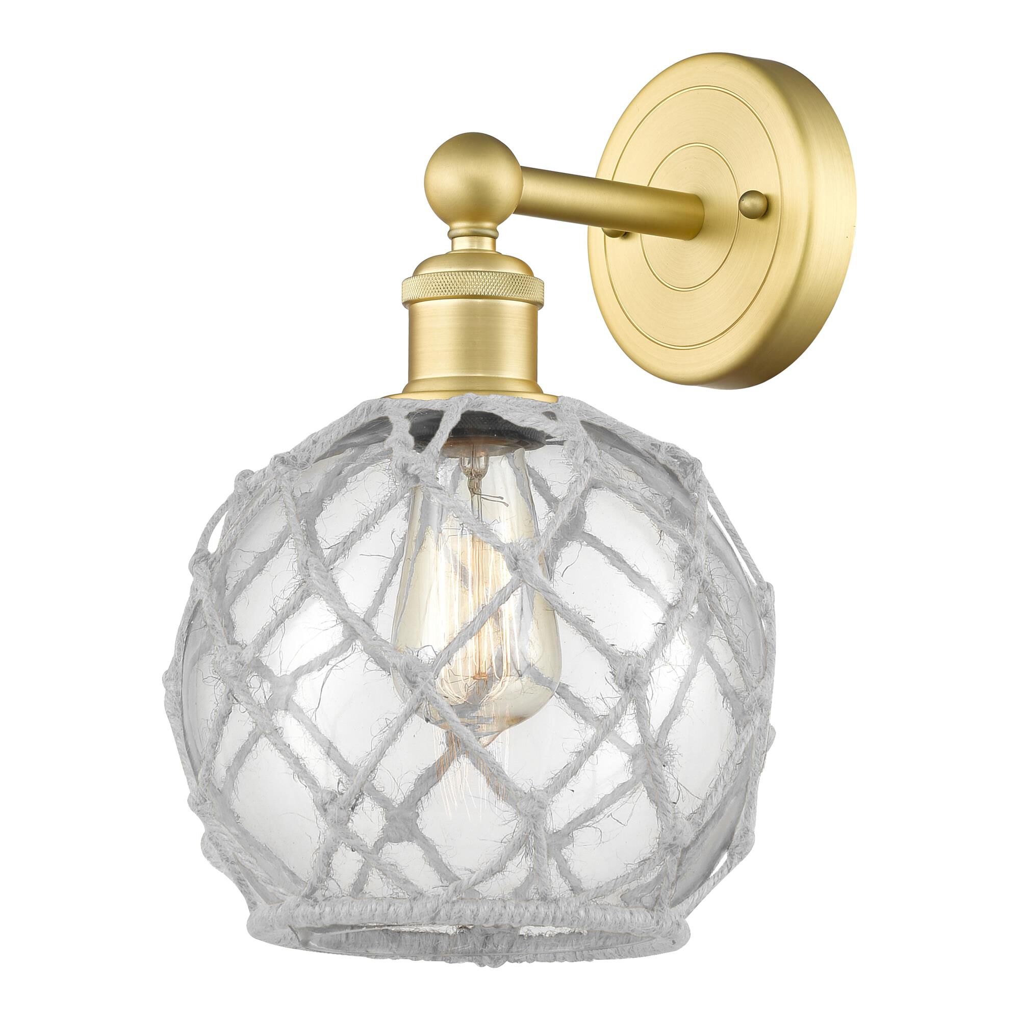 Shown in Satin Gold finish and Clear with White Rope glass