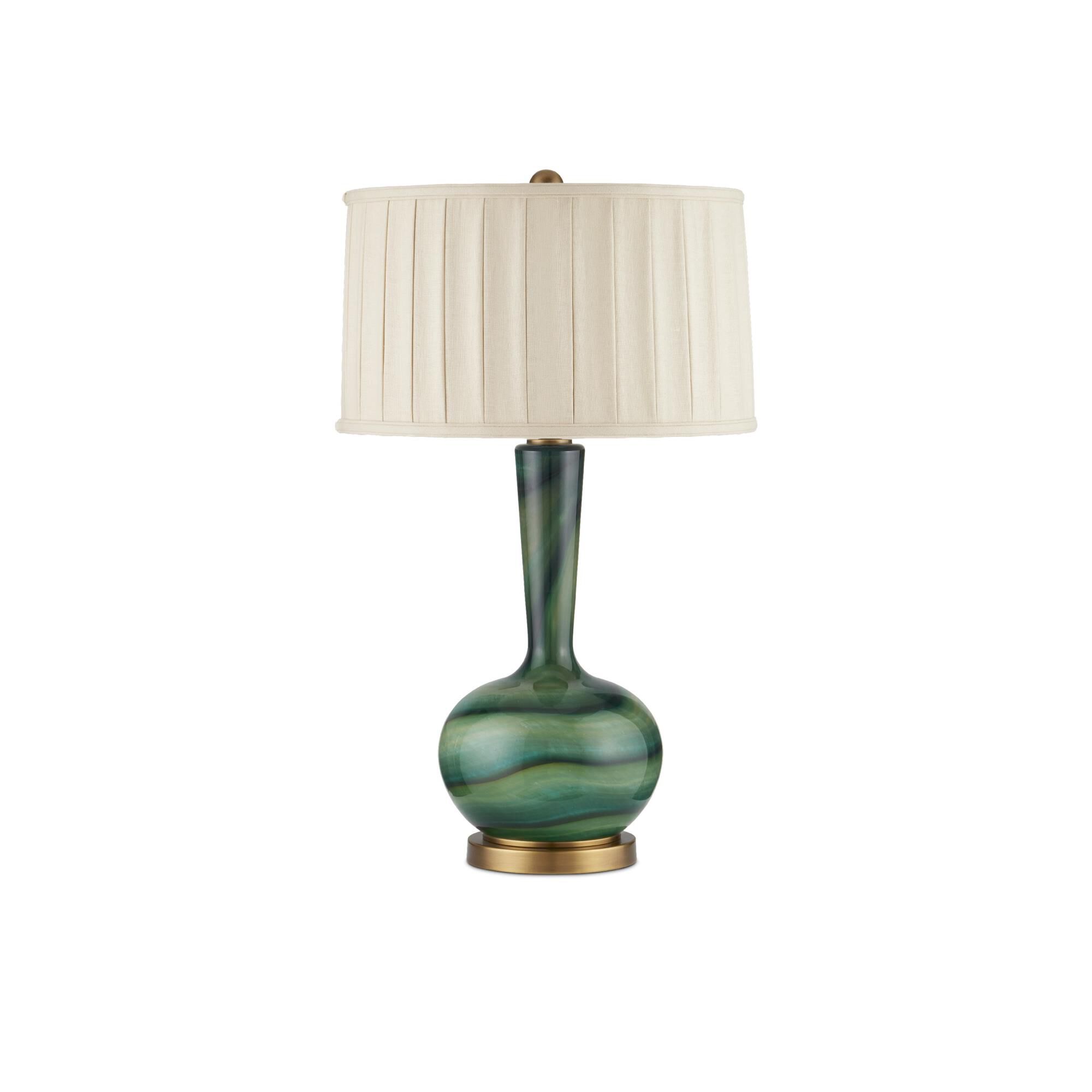 Shown in Green/Antique Brass finish and Beige Linen shade