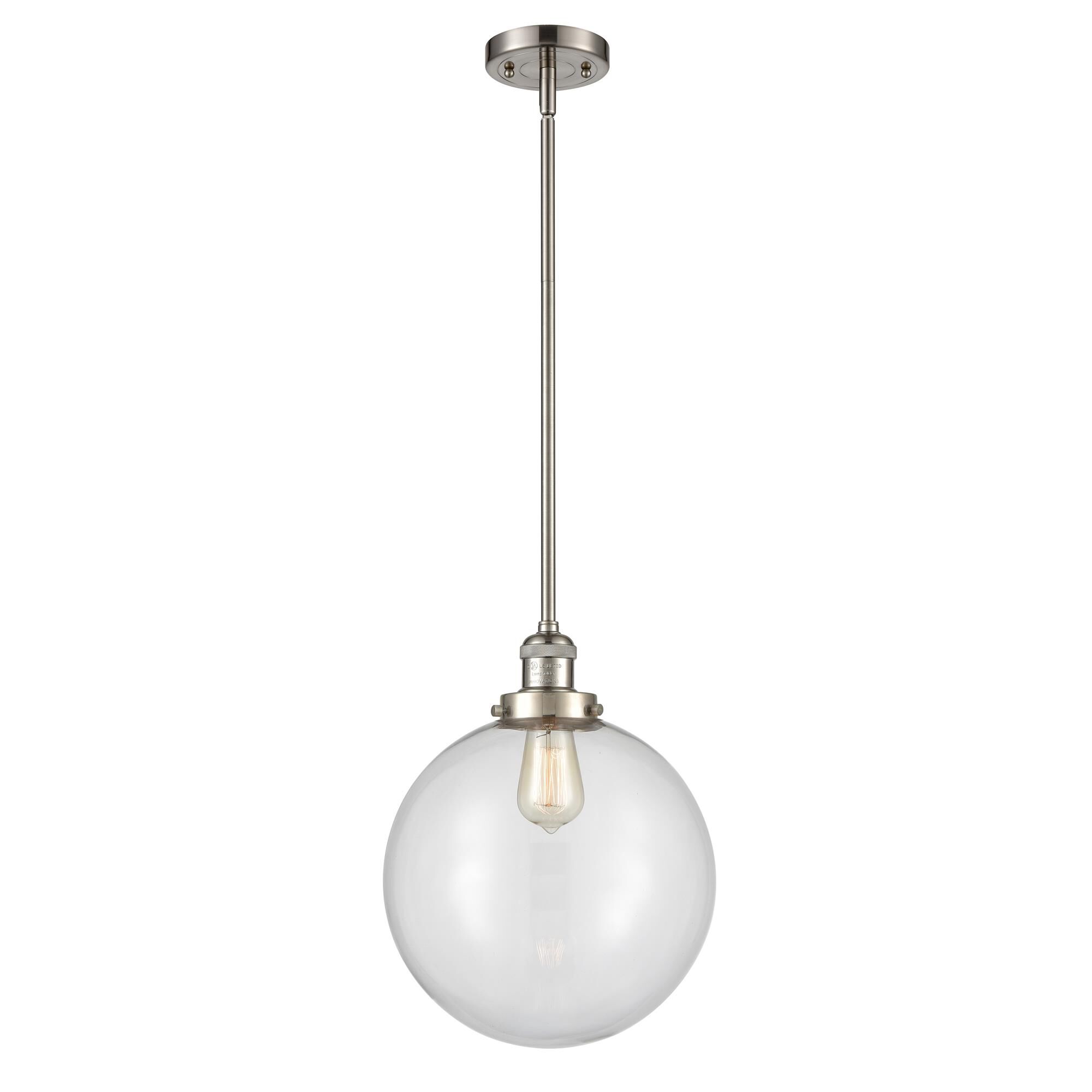 Shown in Brushed Satin Nickel finish and Clear Beacon glass