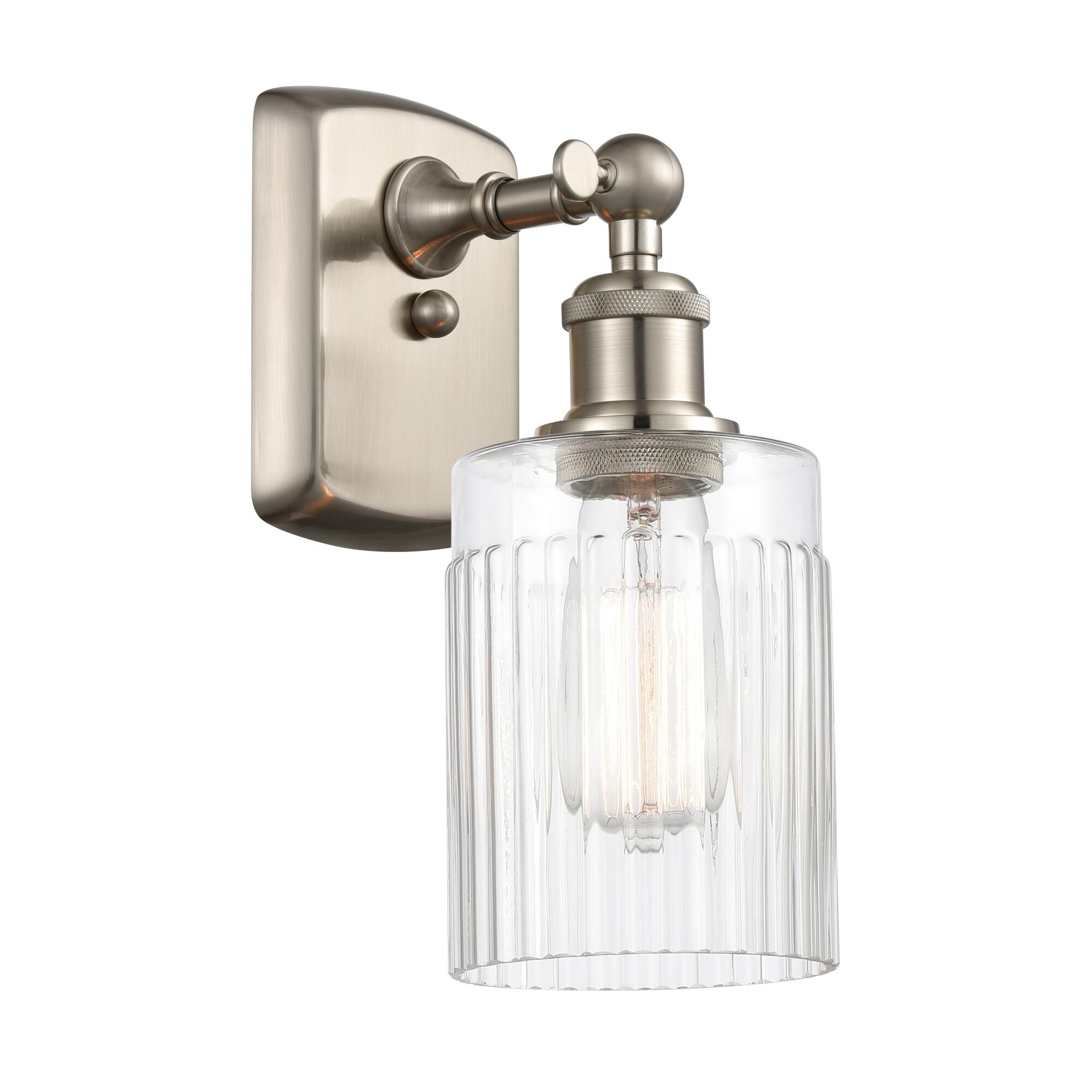 Shown in Brushed Satin Nickel finish and Drum glass and Glass shade