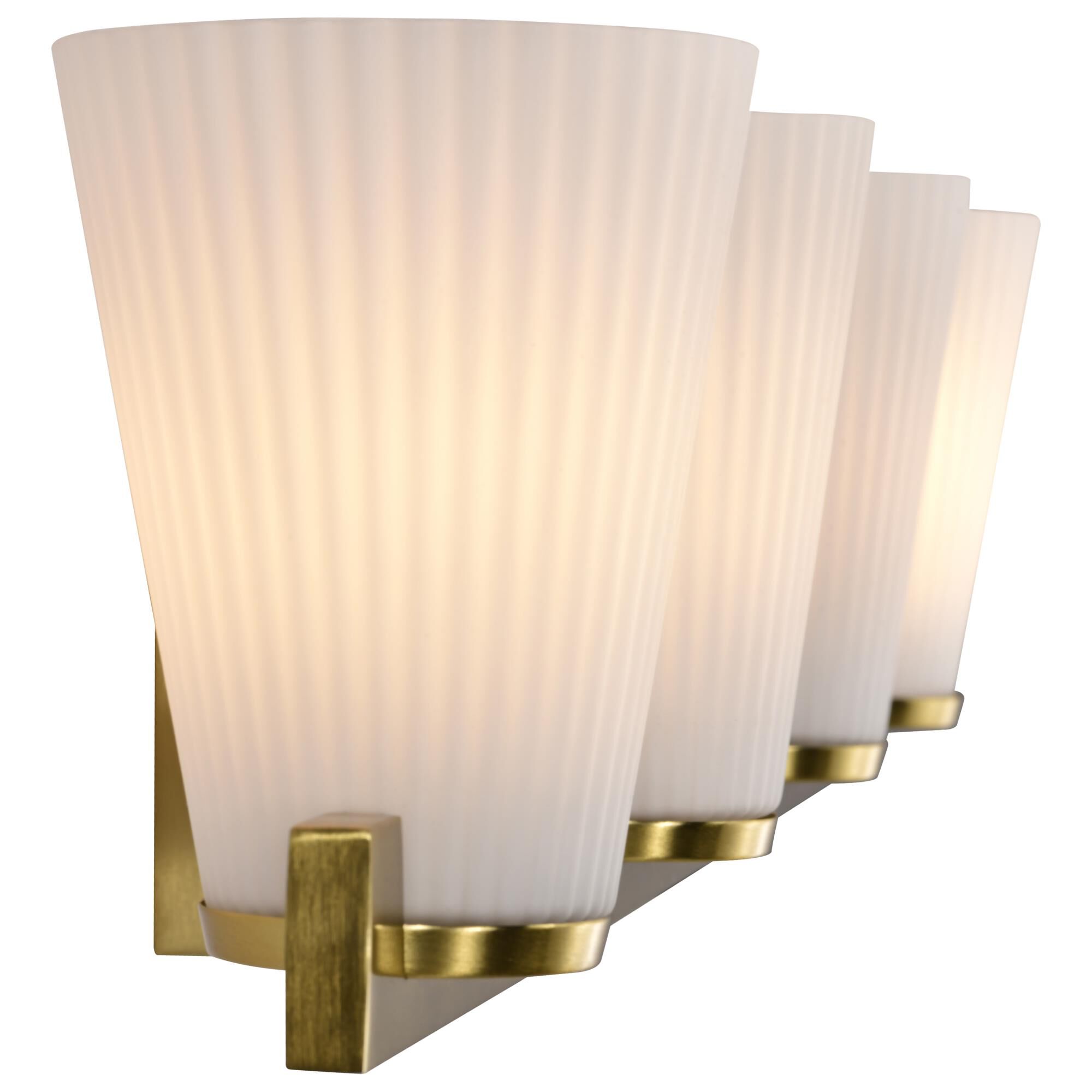 Shown in Burnished Brass finish and Ribbed White glass