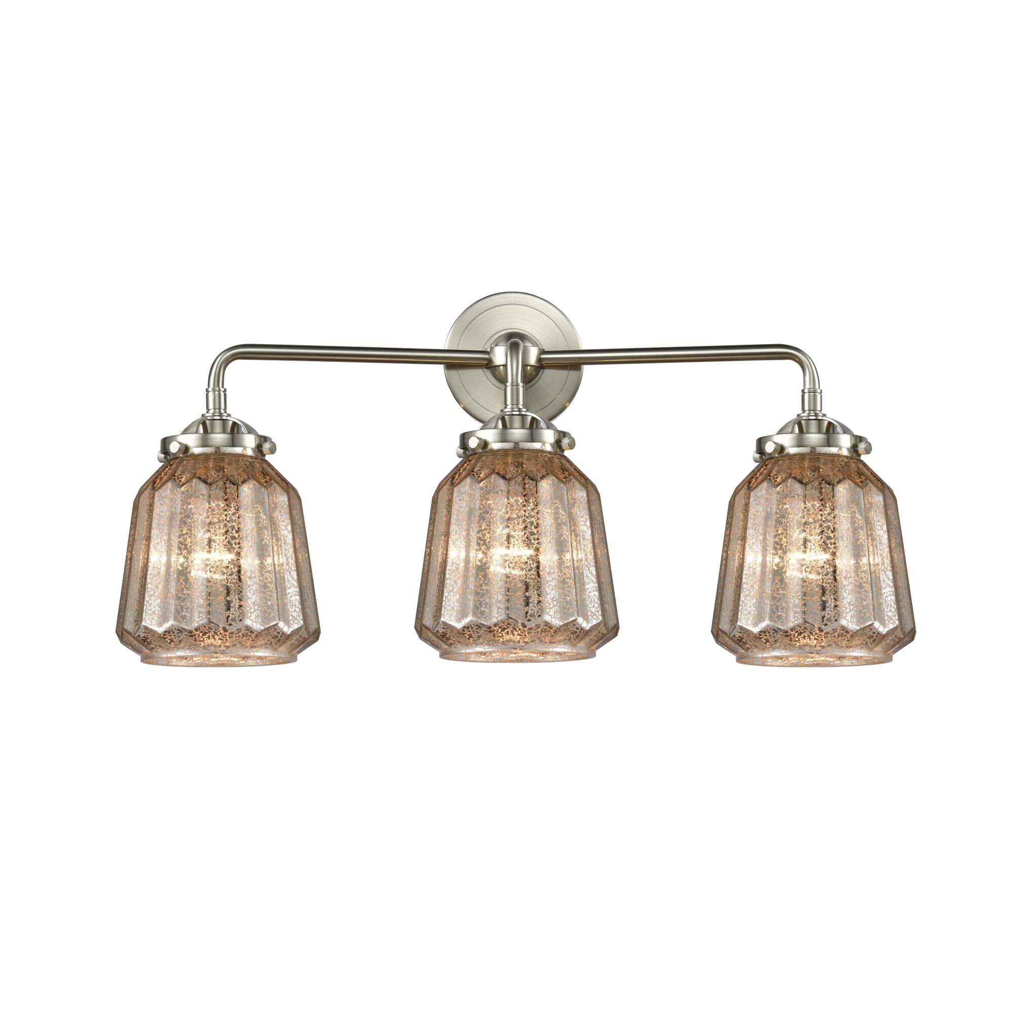 Shown in Brushed Satin Nickel finish and Mercury Plated glass