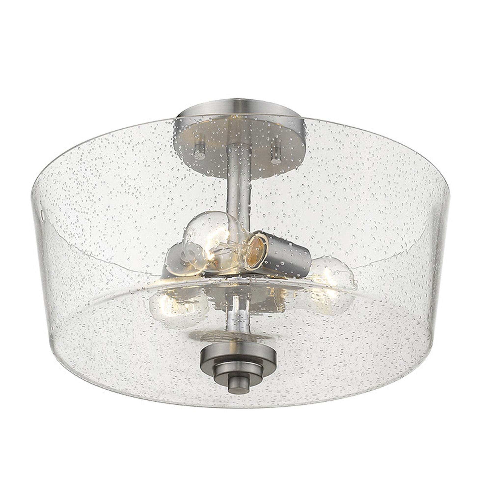 Shown in Satin Nickel finish and Clear glass and Clear, Seeded Drum Shaped Glass shade