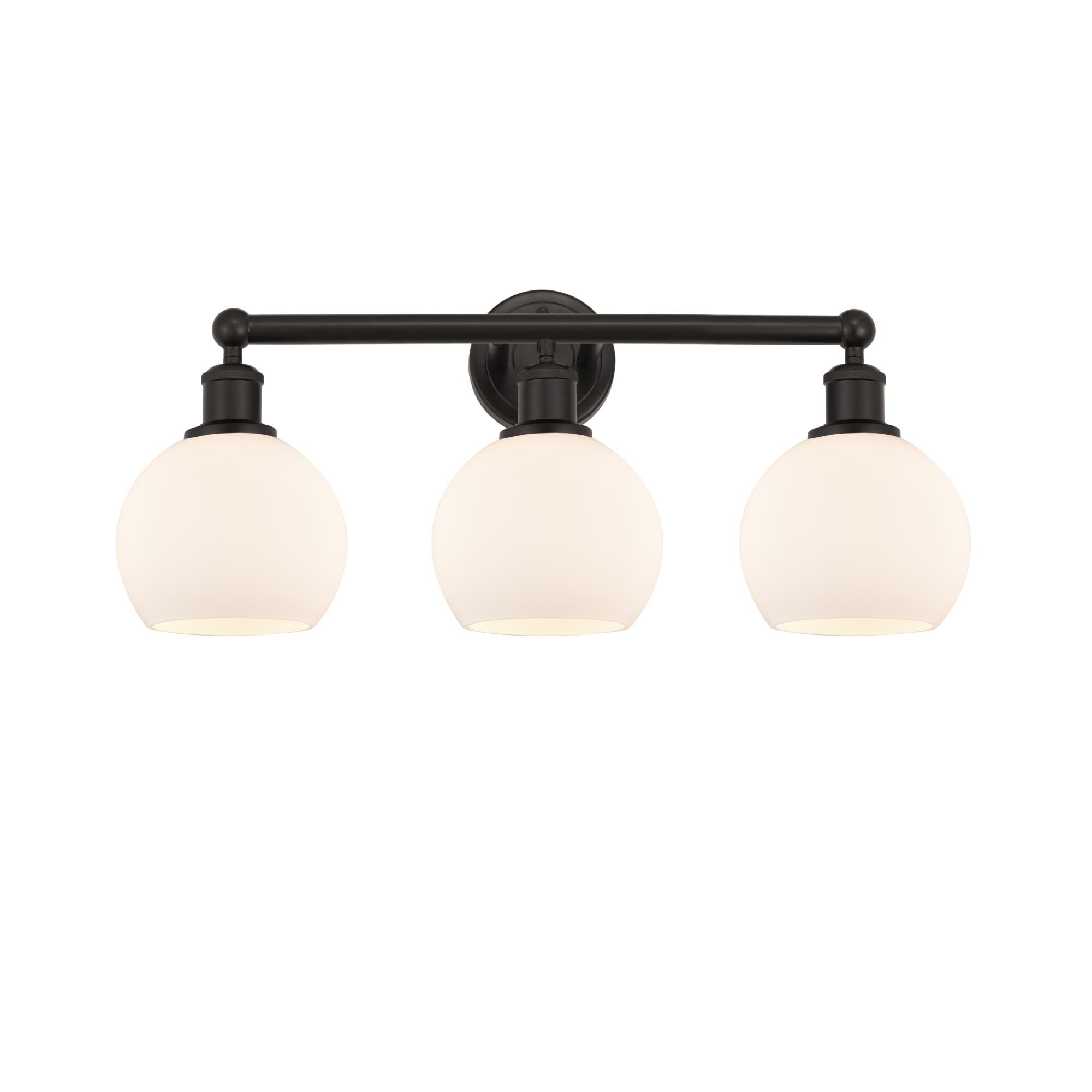 Shown in Oil Rubbed Bronze, Matte White finish and Matte White glass and Matte White Glass shade