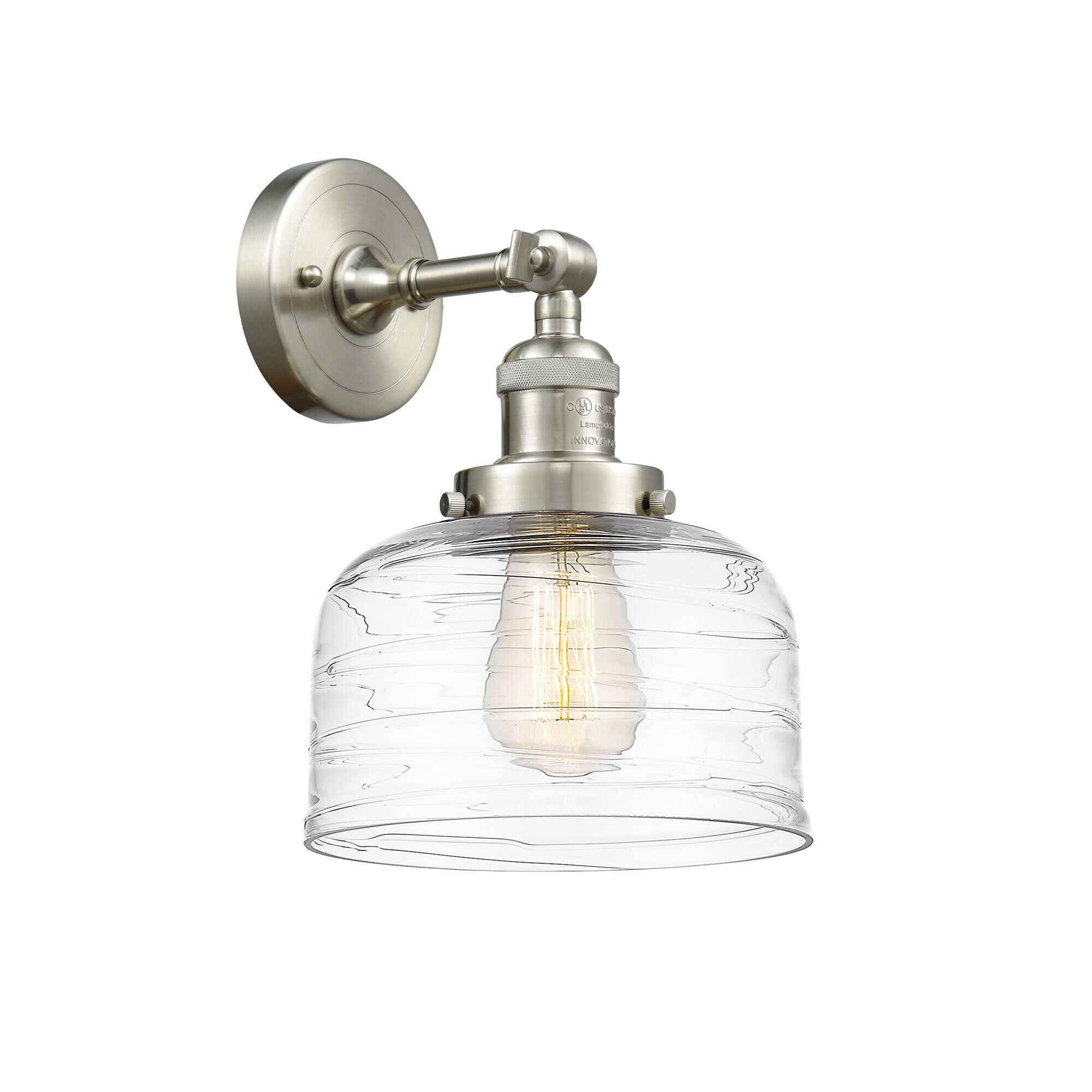 Shown in Brushed Satin Nickel finish and Clear Deco Swirl Large Bell glass
