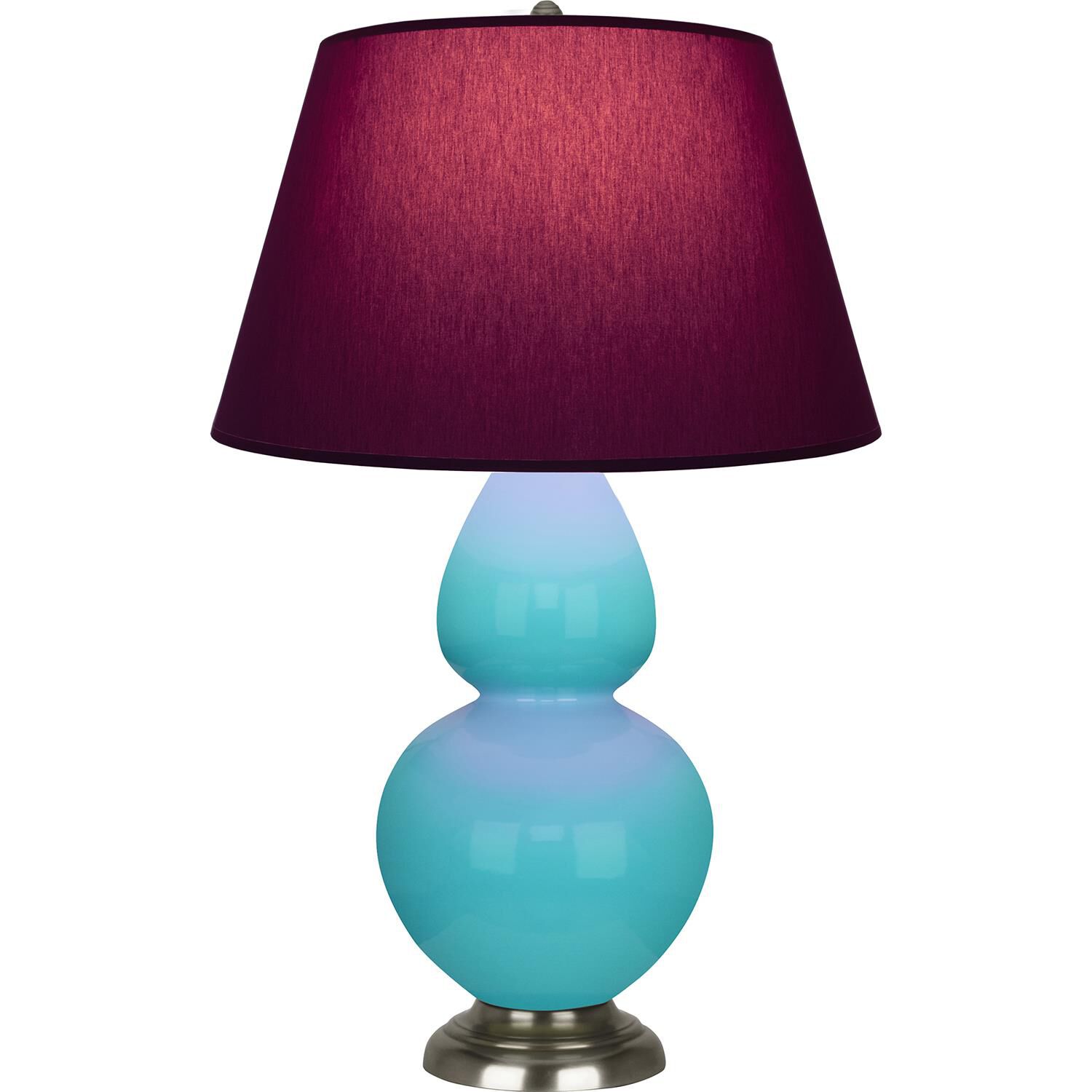 Shown in Egg Blue finish and Plum and Lavender shade and Antique Silver accent