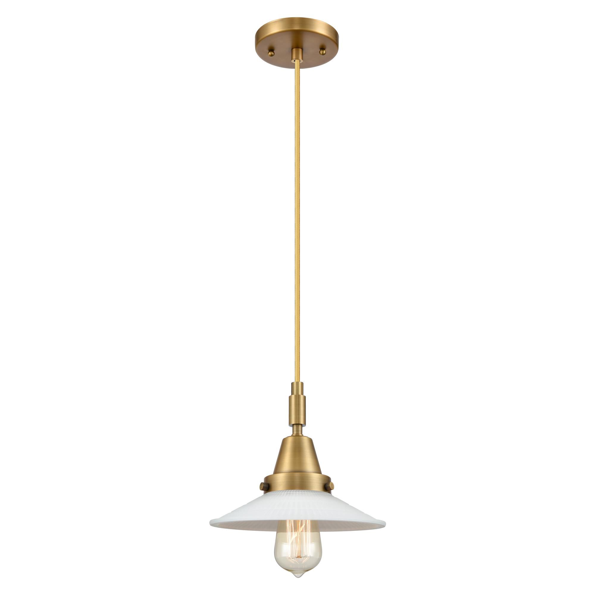 Shown in Brushed Brass finish and Matte White Halophane glass