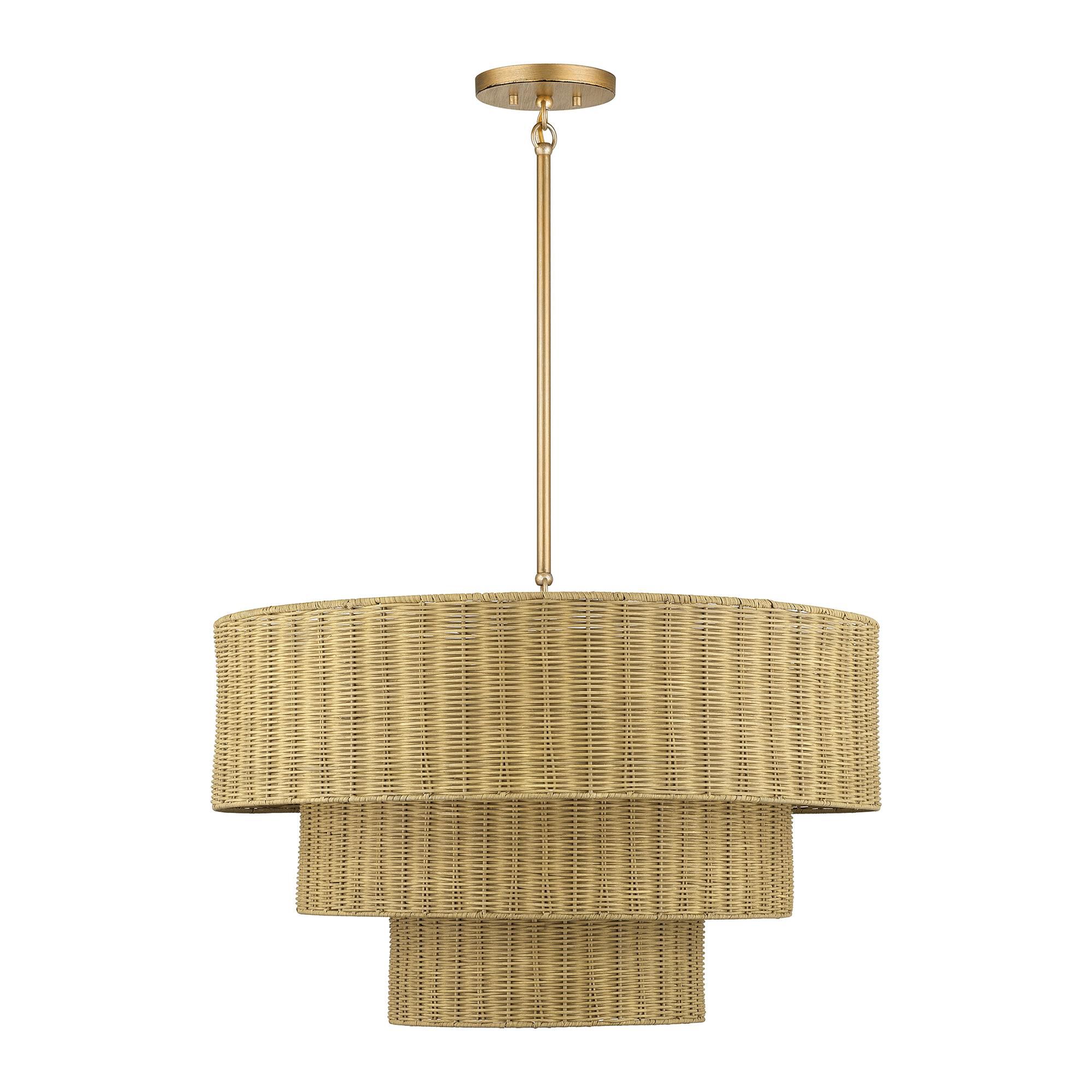 Shown in Antique Gold Leaf finish and Hand-Woven Rustic Walnut Color Rattan shade