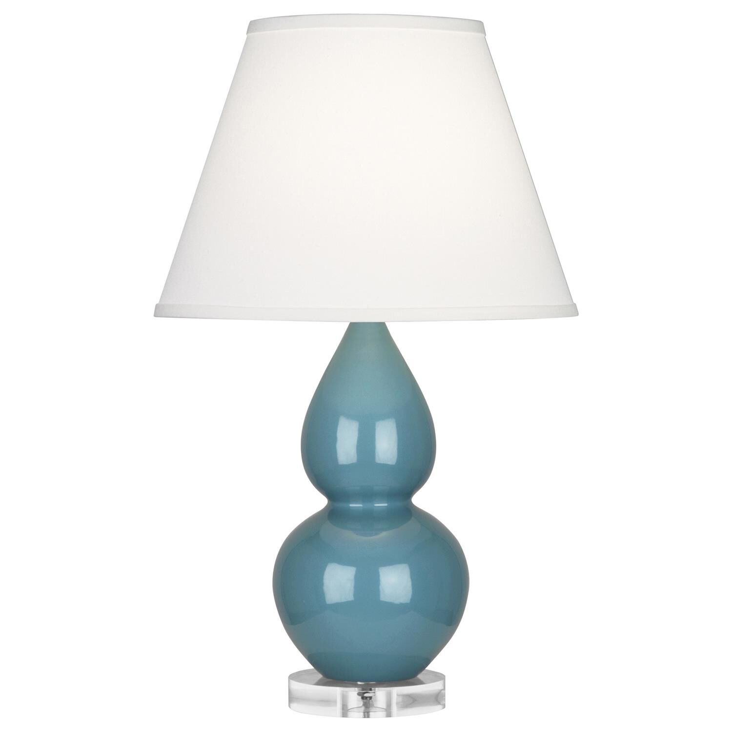 Shown in Steel Blue Glazed Ceramic With Lucite Base finish and Pearl Dupioni Fabric shade