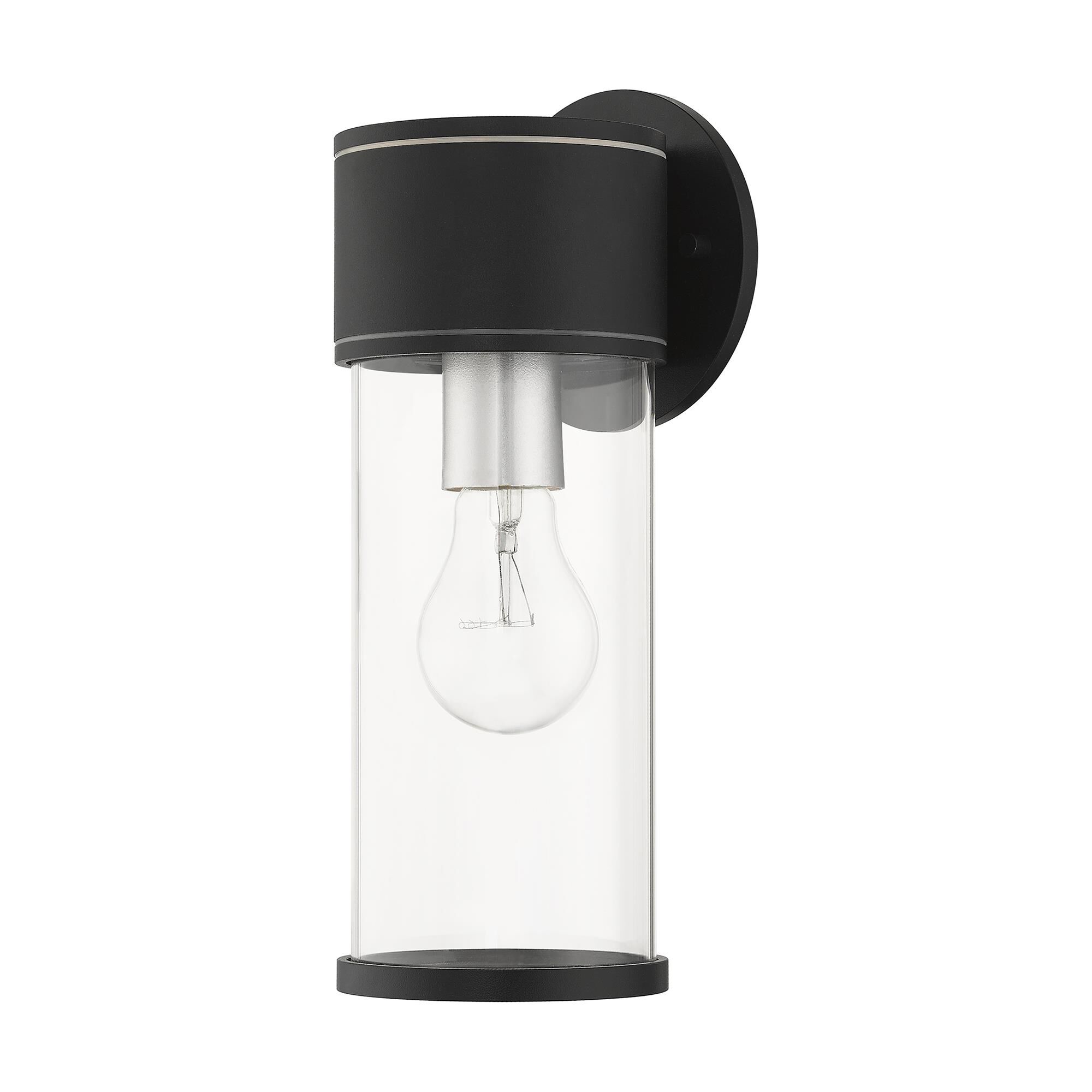 Shown in Textured Black With Antique Silver Accents finish and Clear glass