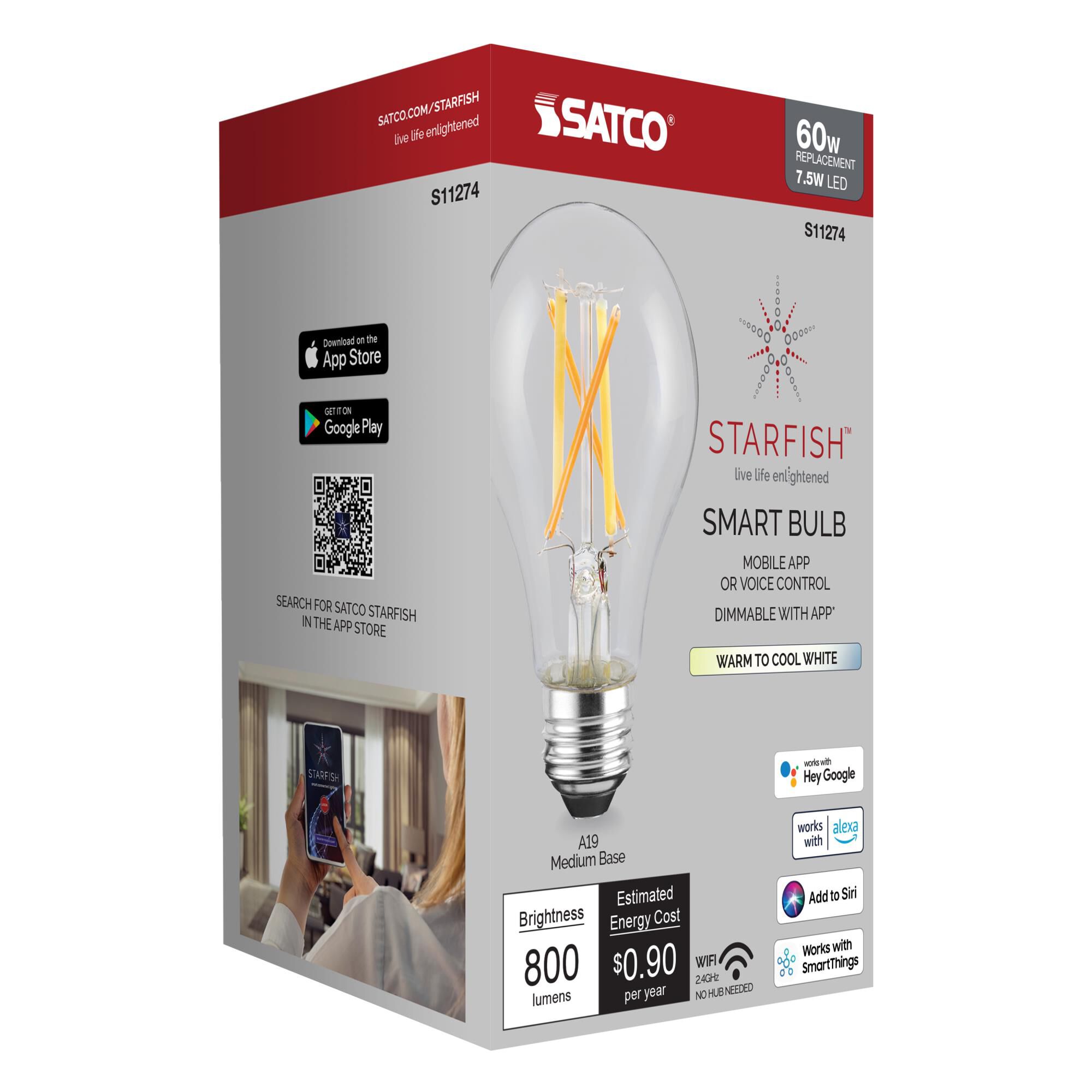 Dimmable 7.5 Watt 2200-5000K A19 LED Light Bulb by Satco