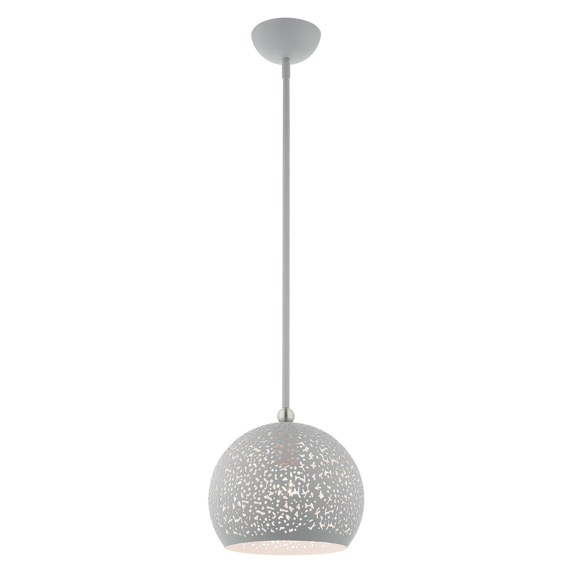 Shown in Nordic Gray With Brushed Nickel Accents finish and Nordic Gray Filigreed Metal Shade With White Finish Inside glass and Nordic Gray Filigreed Metal  With White Finish Inside shade