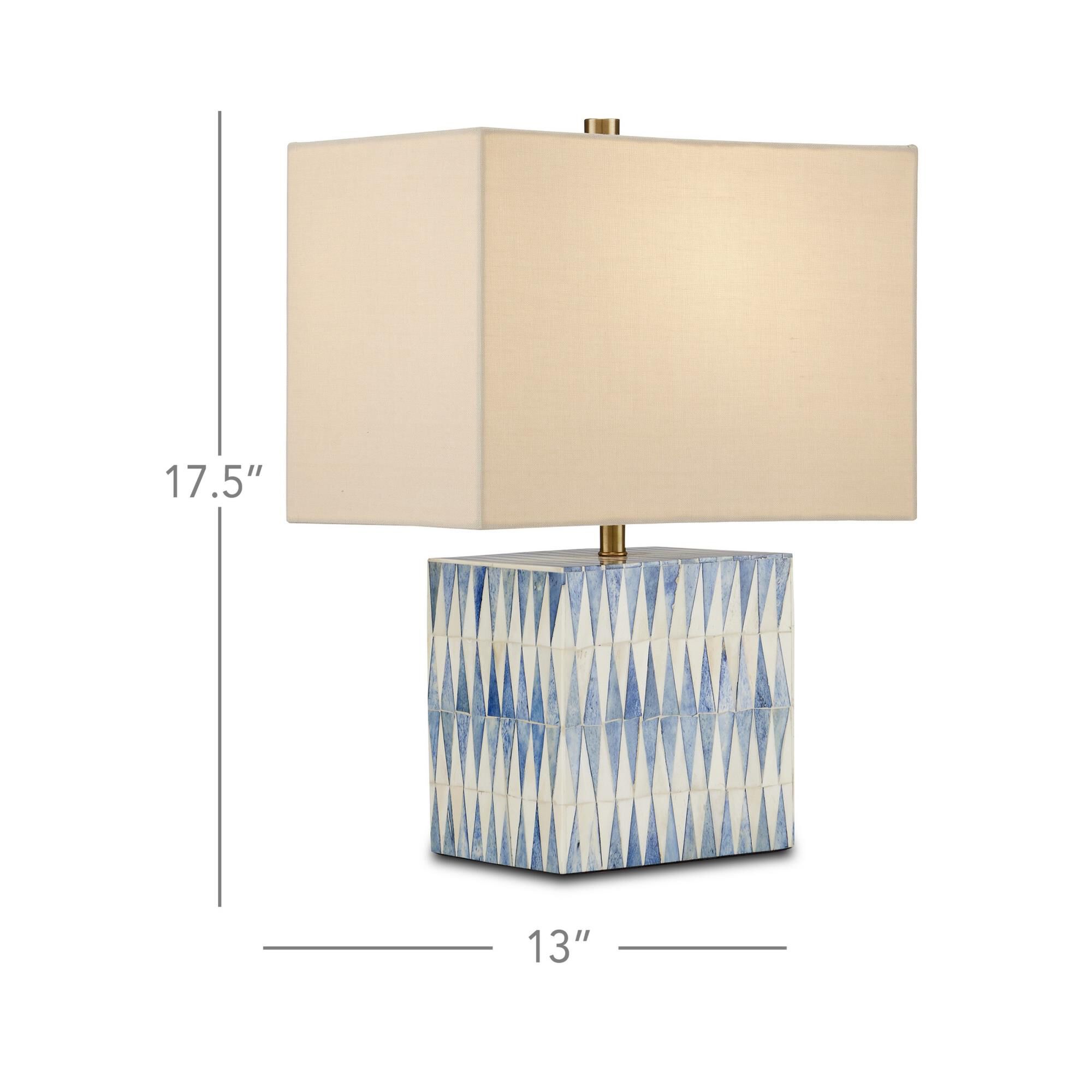 Shown in Blue/White/Brushed Brass finish and Light Beige Linen shade